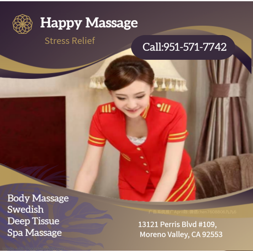 Massage techniques are commonly applied with hands, fingers, 
elbows, knees, forearms, feet, or a de Happy Massage Moreno Valley (951)571-7742