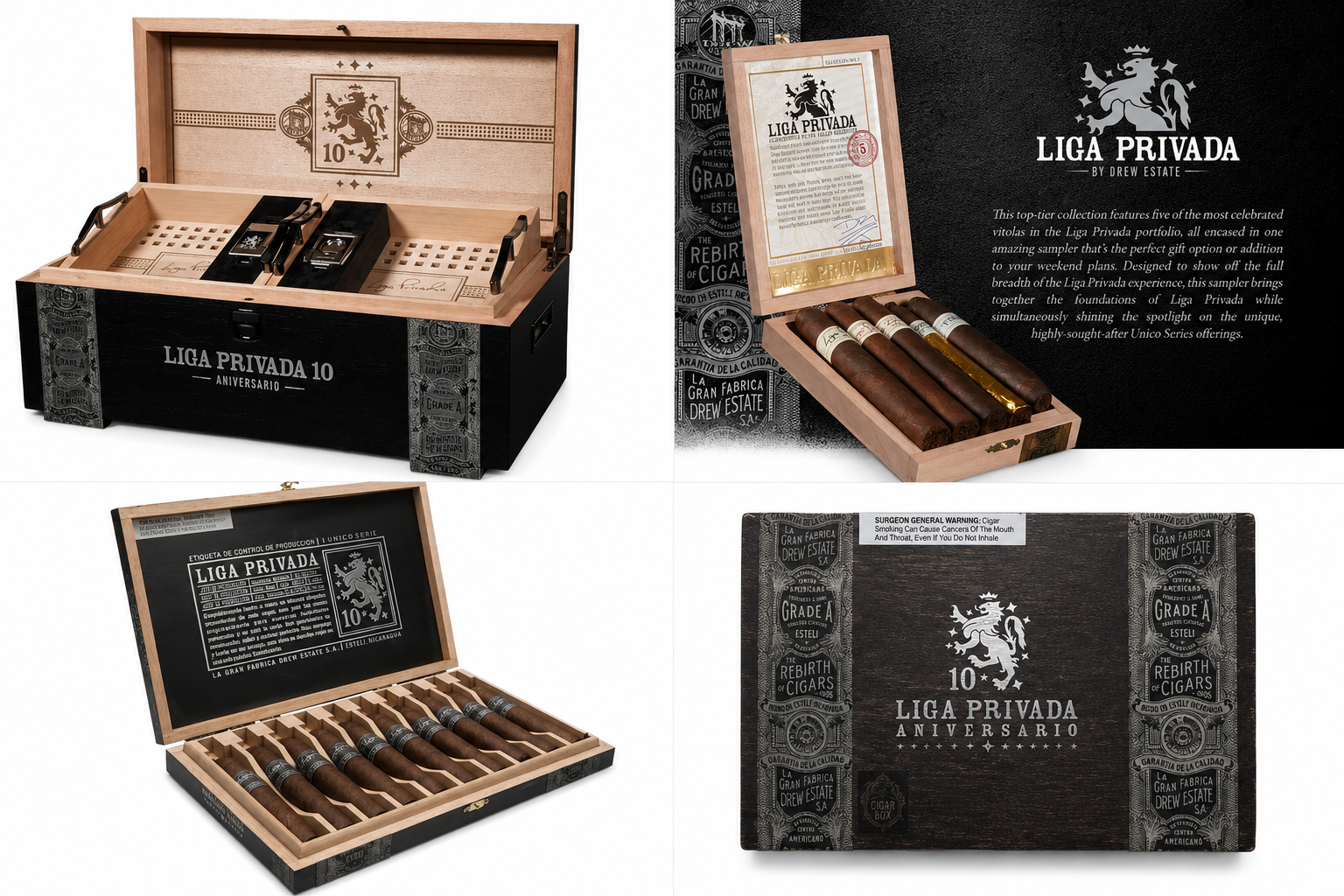 The Liga Privada 10 Aniversario collection showcases handcrafted premium cigars by Drew Estate, offering rich flavors, refined craftsmanship, and an elegant gift box for any cigar enthusiast.