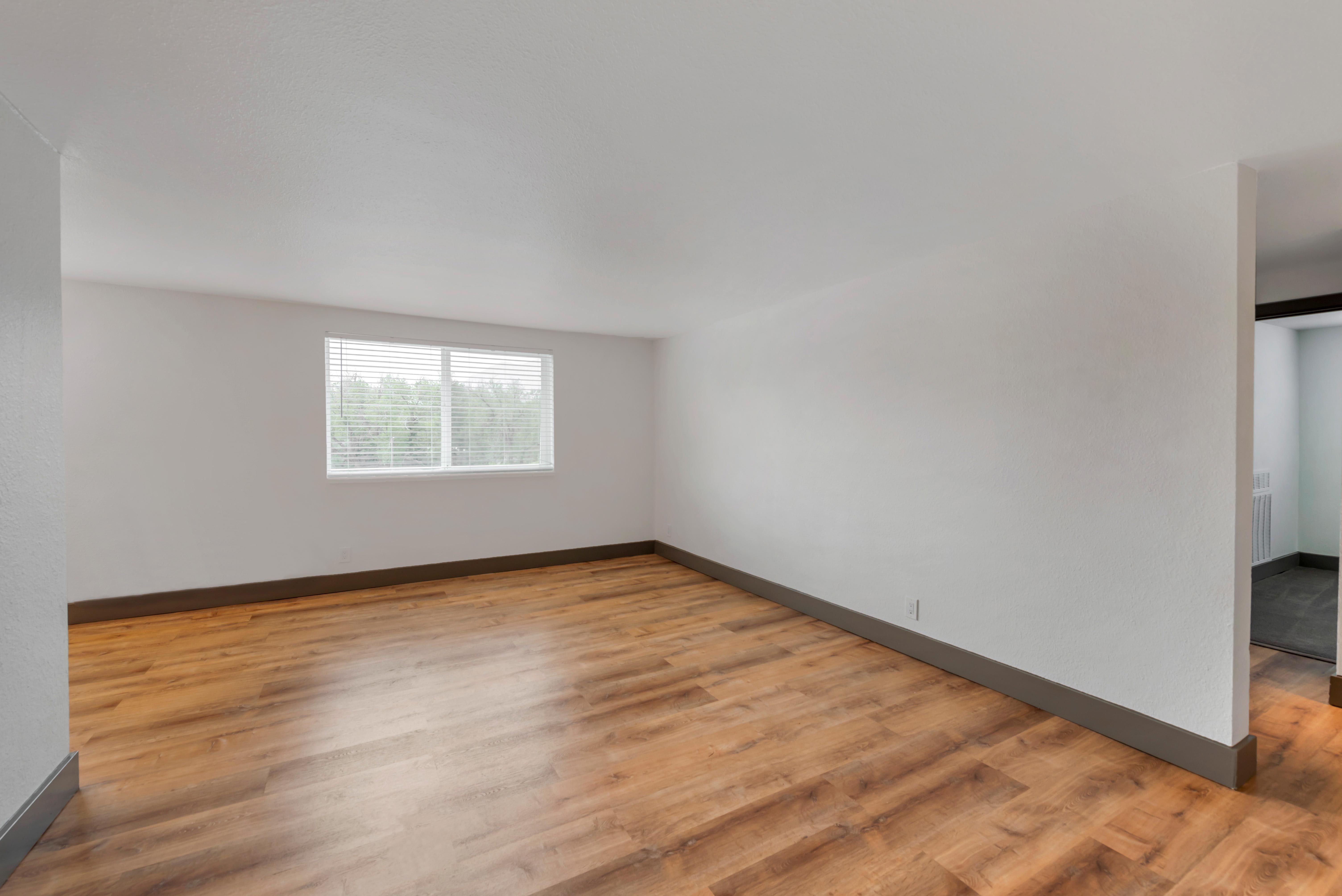 Spacious, vinyl floored living room with window and horizontal window coverings.