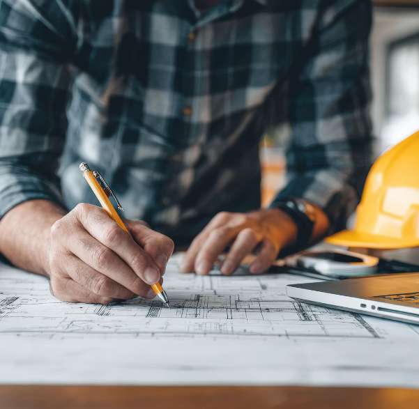 Close-up view of a professional wearing a plaid shirt drafting or reviewing architectural blueprints at a desk with a yellow hard hat and laptop visible in the background.