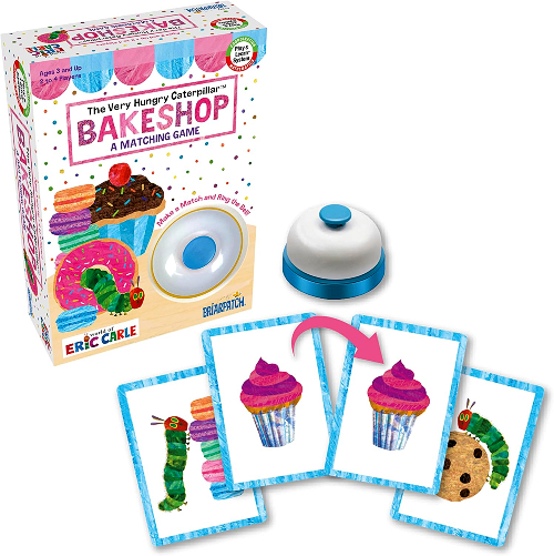 Step into the Very Hungry Caterpillar's Bakeshop and whip up some fun.  Perfect for little bakers, The Very Hungry Caterpillar Bakeshop A Matching Game combines memory and fun with images from the World of Eric Carle books.  Make a match and ring the bell!  Be the player with the most matches to claim your sweet victory.  Includes 62 bakeshop cards, a bell and instructions.  For 2 to 4 players.