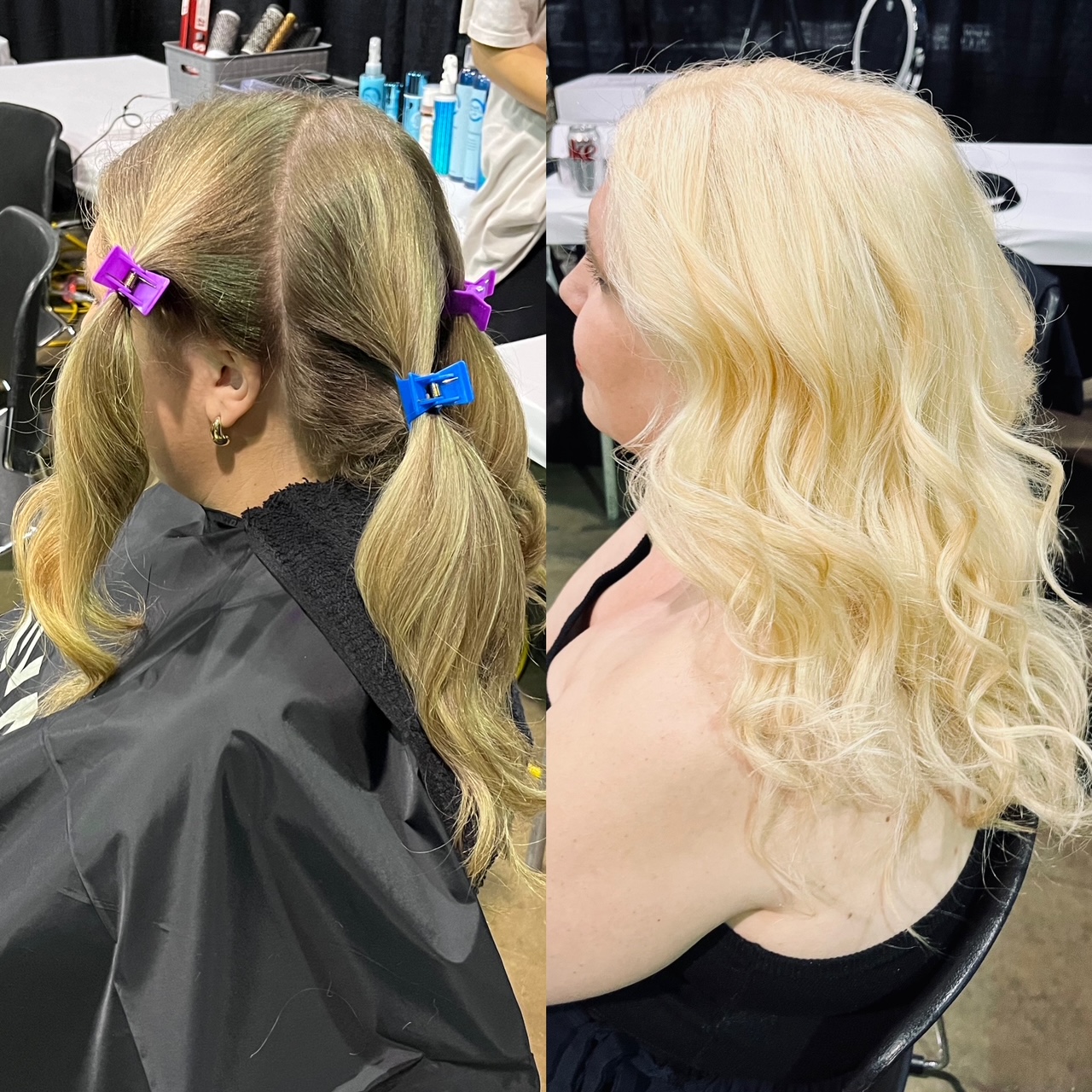 A full blonding service bringing hair to a brighter cleaner blonde while maintaining softness and strength. Finished with loose waves to show tone and texture.