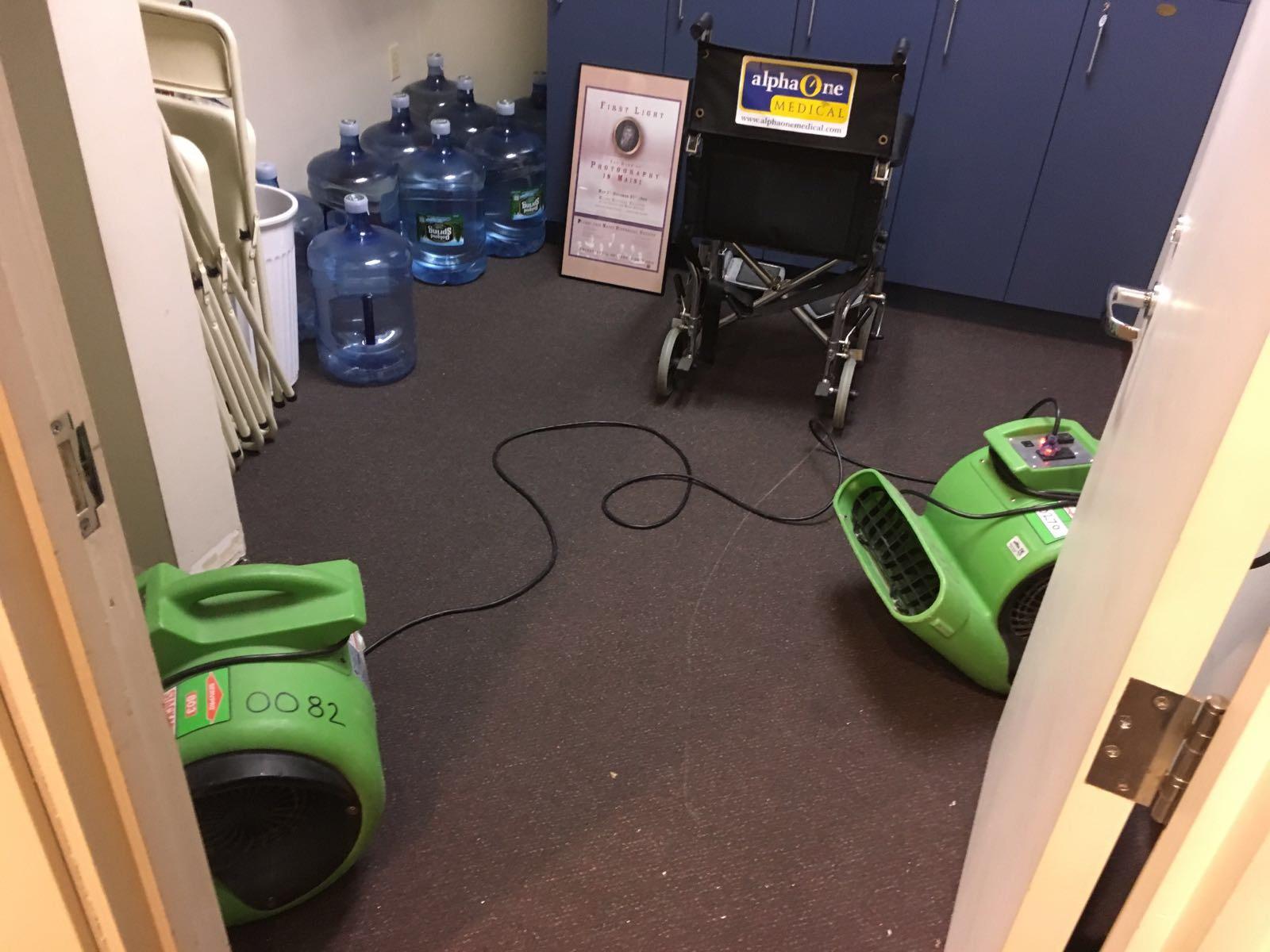 Air movers are up and running after a water loss.