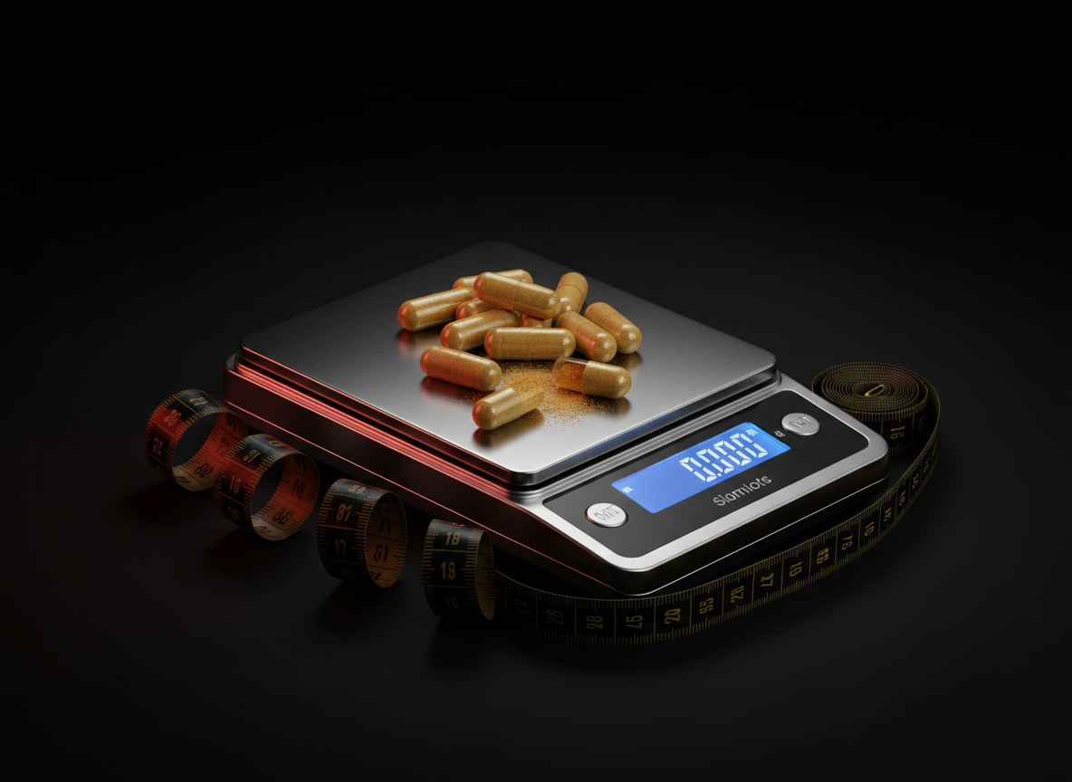 A digital scale with a pile of capsules on its surface, a measuring tape is wrapped around the scale, and the background is dark.