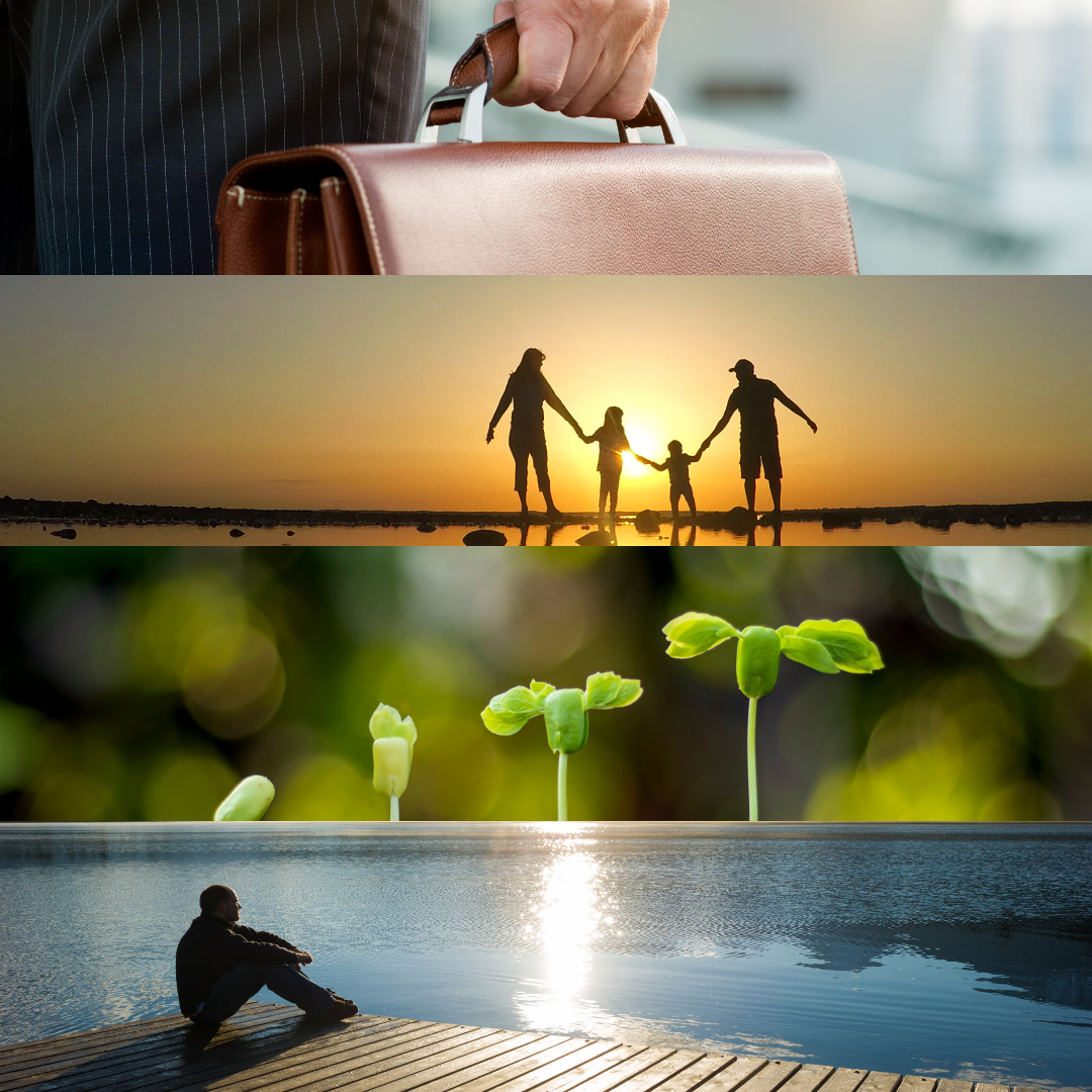 The image displays four distinct, horizontal panels representing the core pillars of life balance and personal development: career, family, personal growth, and well-being.