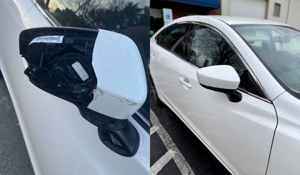 Before-and-after comparison shows a white sedan with a damaged side mirror housing restored to a com 