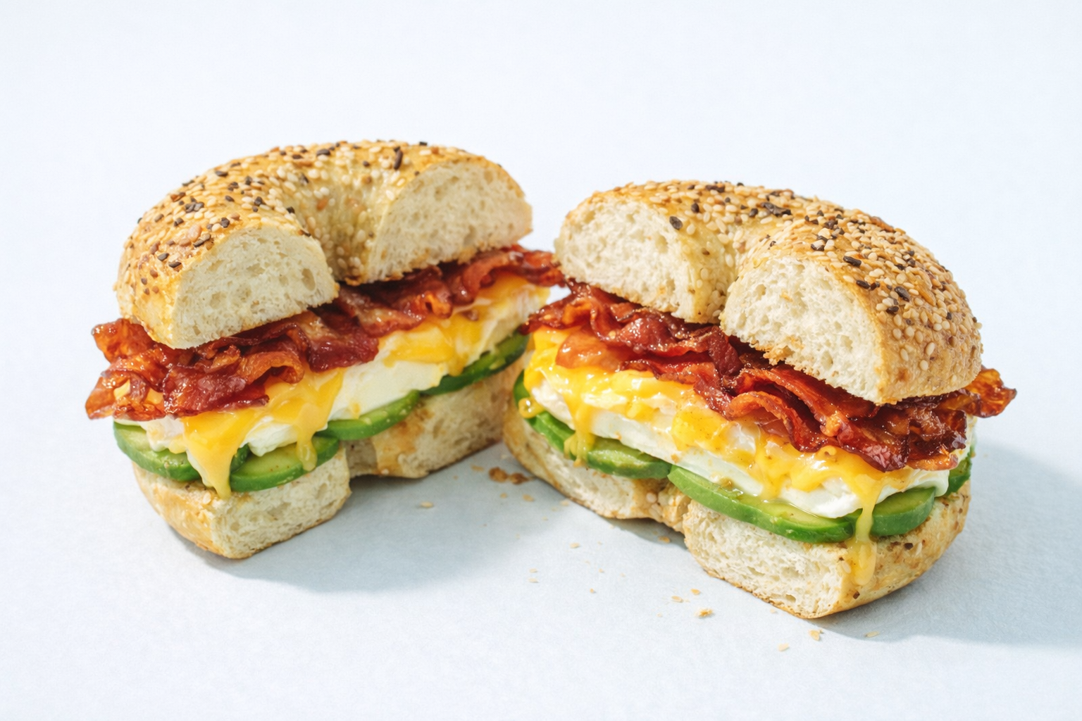 Cut in half toasted everything bagel with egg, cheese, avocado, & bacon.