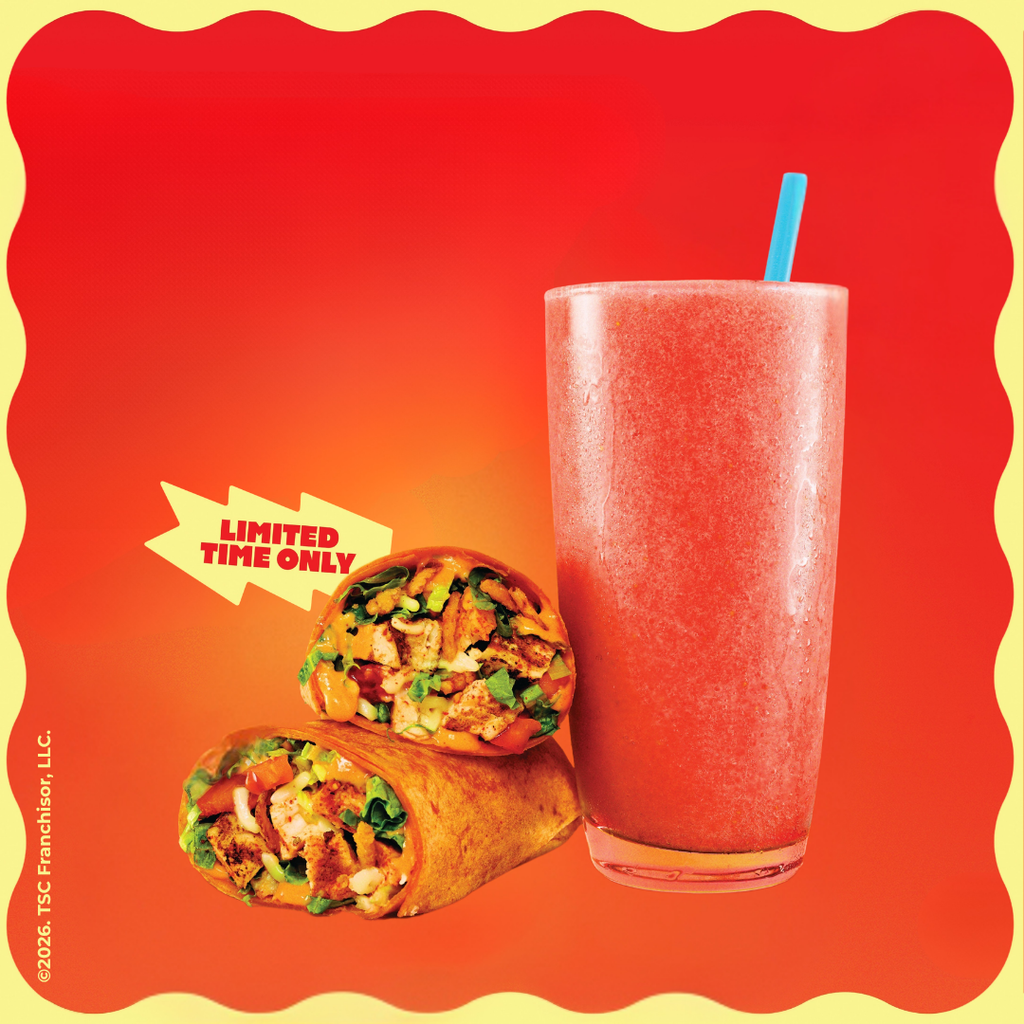 Limited time Tiki Torch Wrap with four layers of spice & the Pomegranate Plunge Smoothie