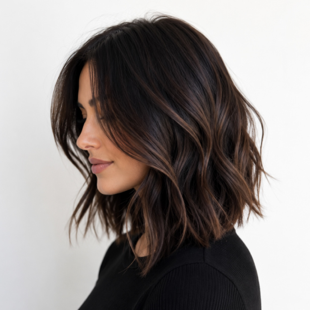 Modern women's haircut with soft, dimensional partial highlights by the experienced stylists at Avis 