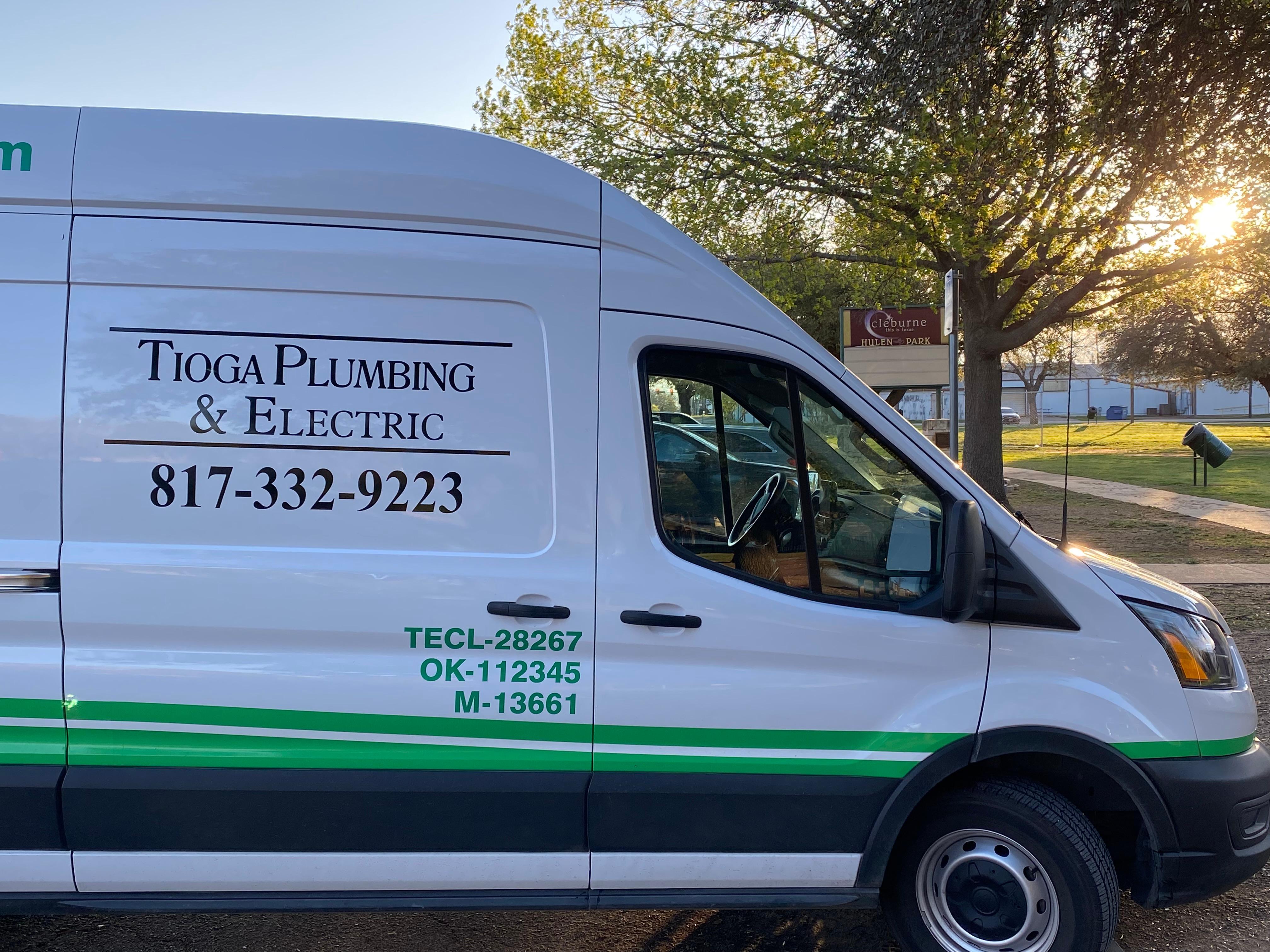 A Tioga Plumbing & Electric service van at the Hulen Park in Cleburne Texas.