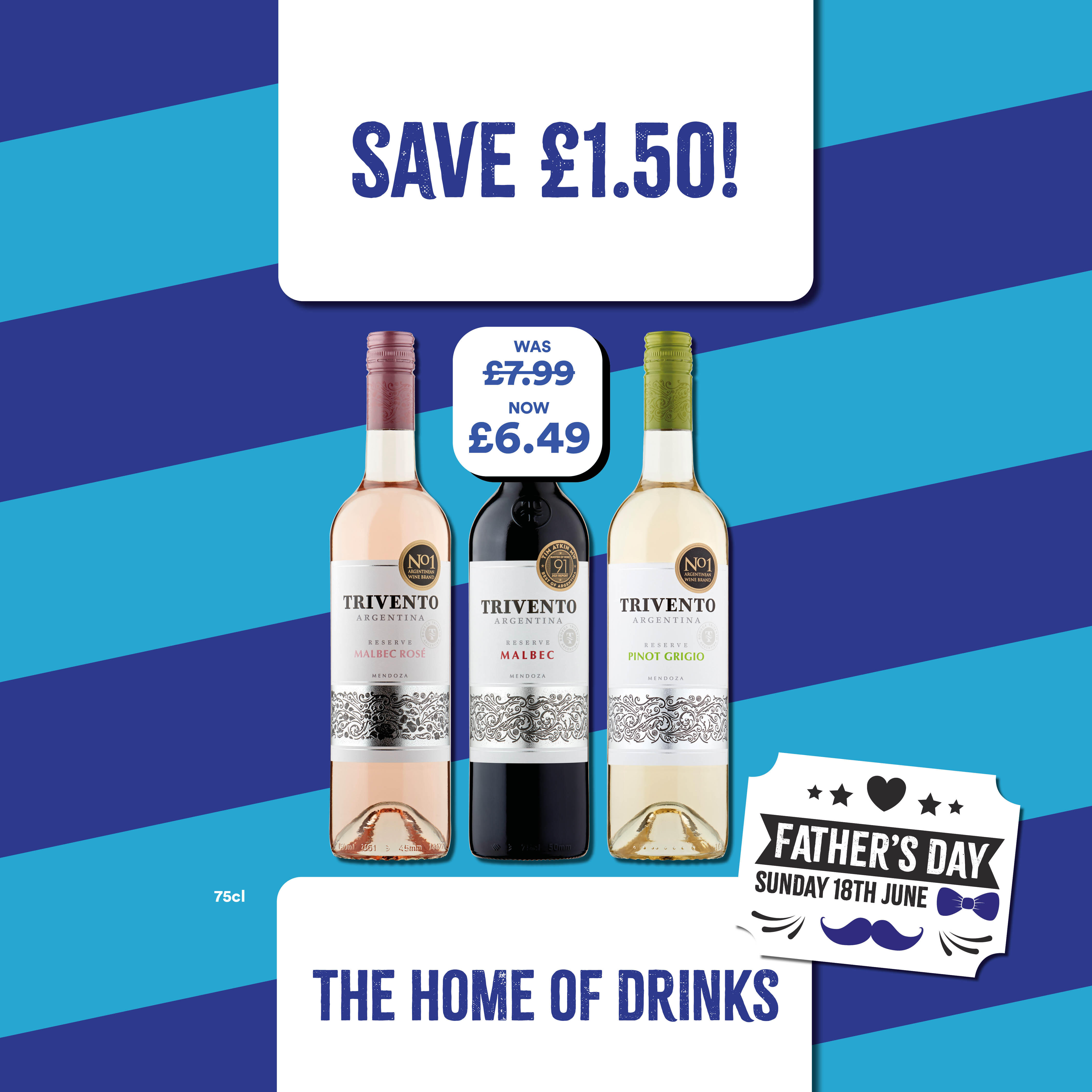 Save £1.50 on Trivento Malbec Rose, Malbec and Pinot Grigio. Bargain Booze Plus Horley 01293 820180
