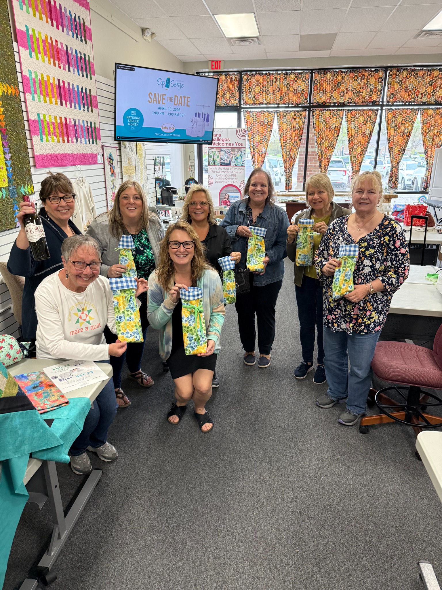 Students proudly display their completed projects after a Decorative Stitch quilting class. This hands-on workshop combined creative stitching, quilting techniques, and a fun, supportive learning experience.