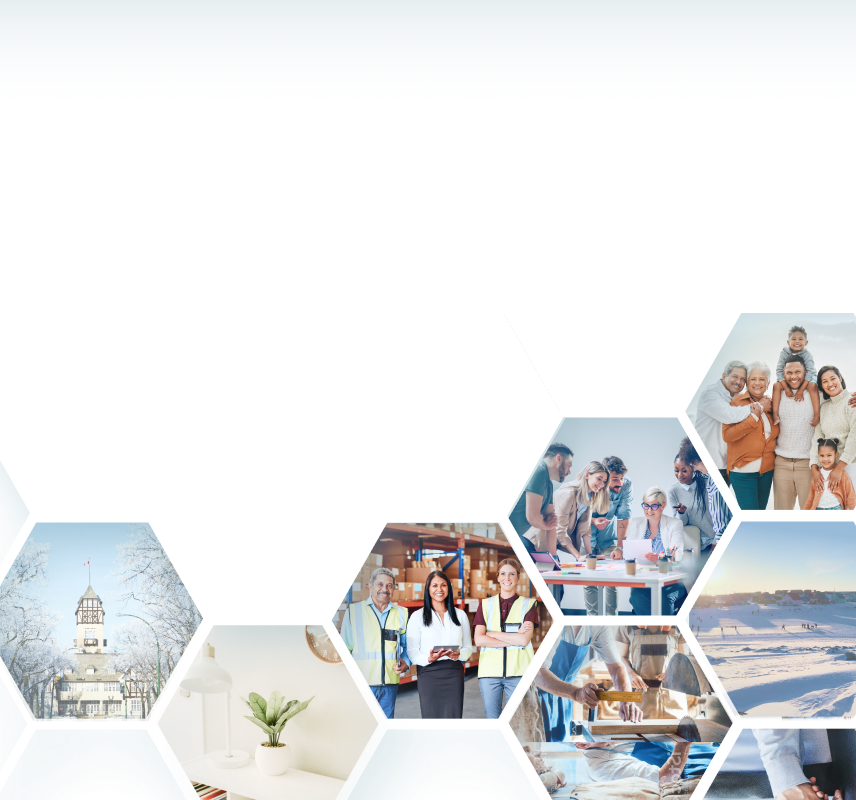 A collection of images including people working in a shop, people shaking hands, people gathered in a warehouse, a family, and people gathered around a table.