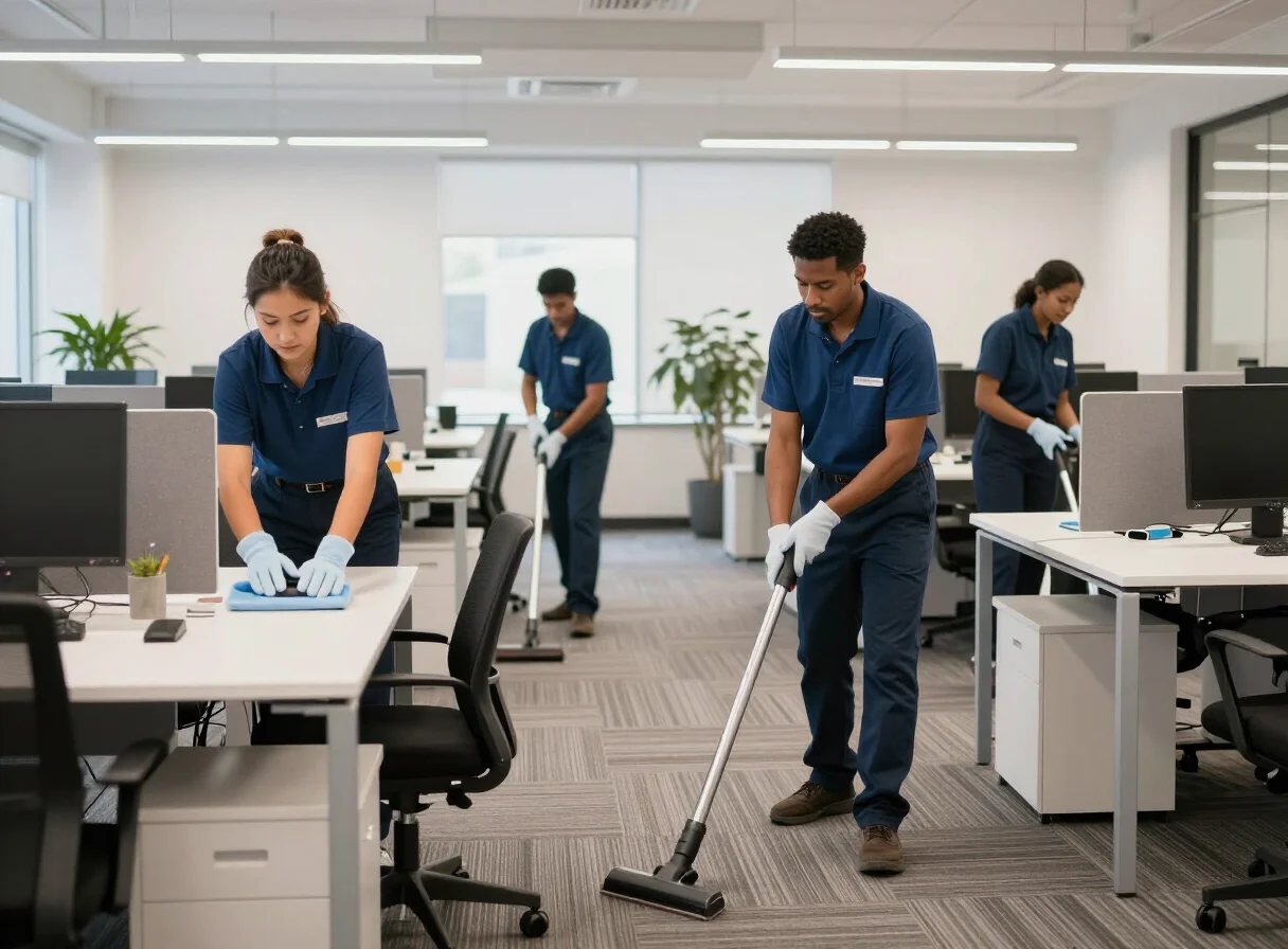 A team of four professional cleaners in blue uniforms and white gloves are working in a modern office. The cleaners are vacuuming the carpet and wiping down desks. The office is open-plan with cubicles, computers, and plants. The scene depicts a commercial cleaning service in action.