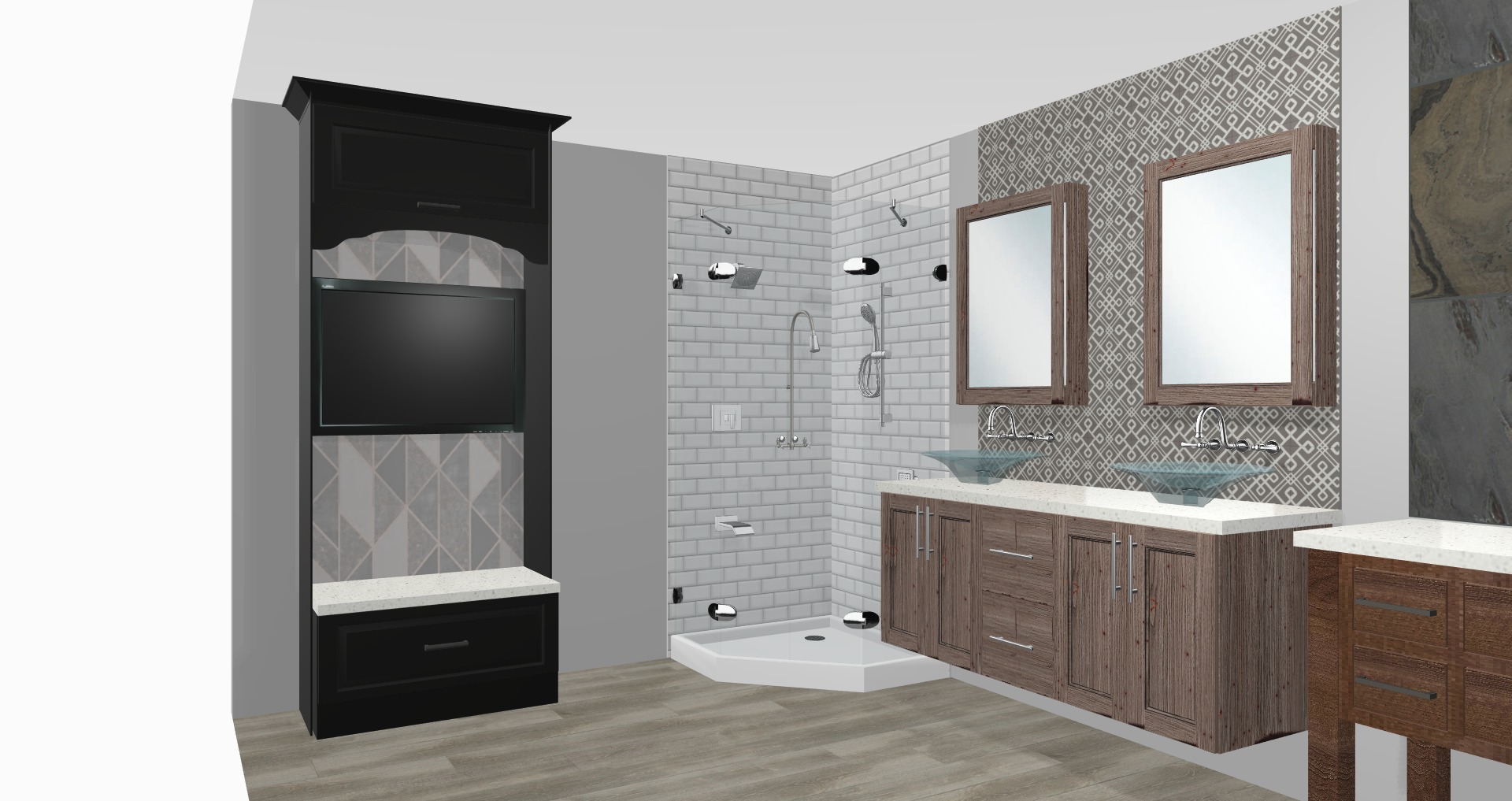 3-D Rendering of an upscale shower and floating vanity. Welcome signage housed in custom cabinetry - DreamMaker Bath & Kitchen of Larimer County Fort Collins (970)616-0900