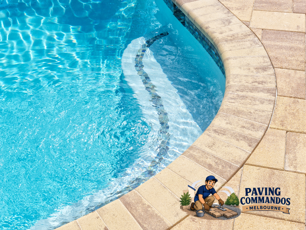 Pool deck pavers surrounding a curved swimming pool, showcasing a clean, spacious outdoor surface with a coordinated border design.