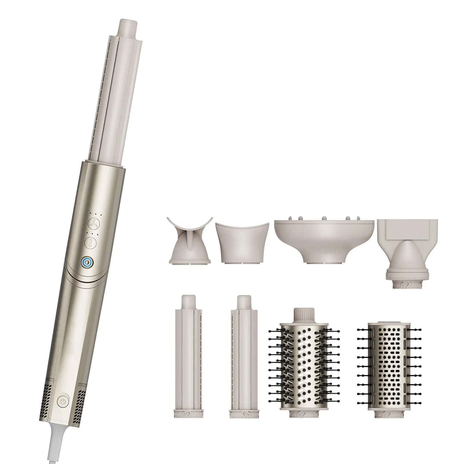 A silver and white hair dryer with various attachments is displayed against a white background. The hair dryer has a sleek, metallic finish and features buttons with icons for fan speed, temperature, and power. The attachments include different nozzles for drying and styling, as well as brush heads with bristles. The overall presentation is clean and professional, highlighting the product's versatility.