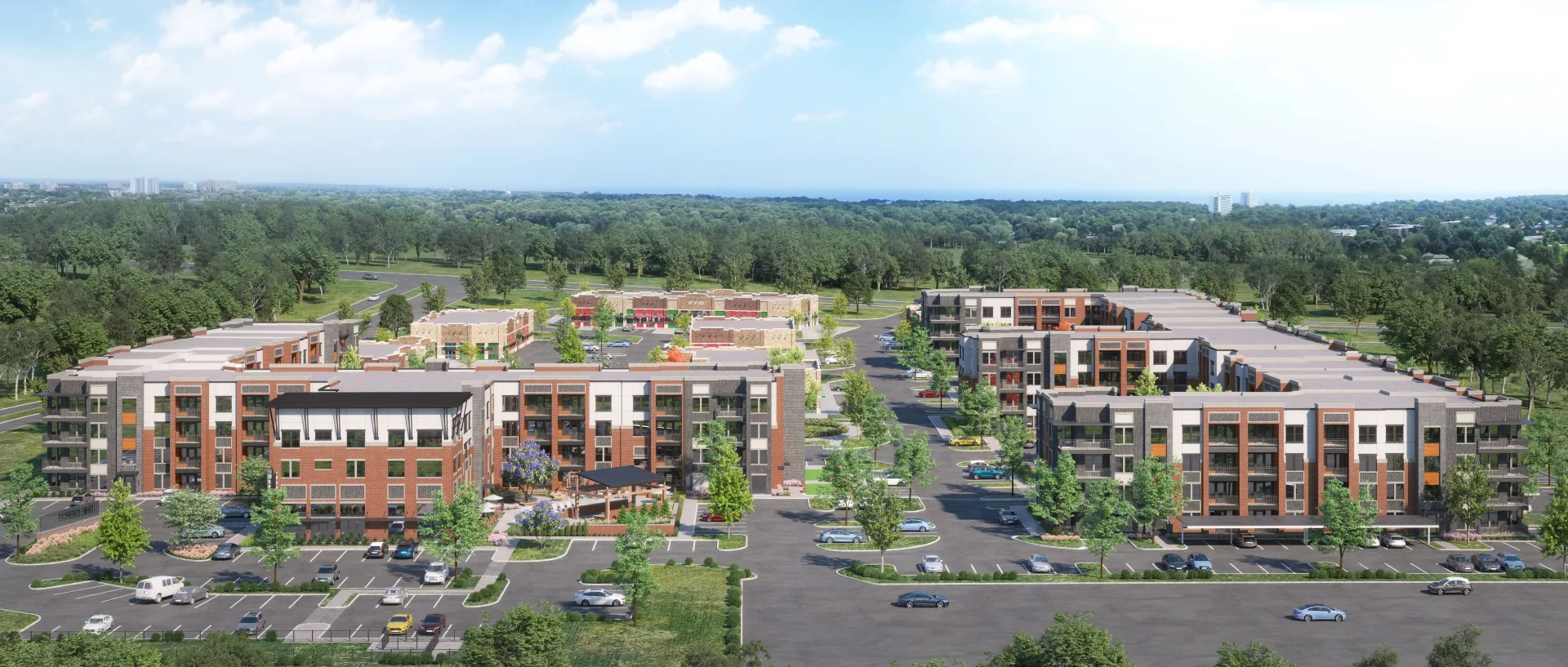 Front of The Depot at Celina apartment building showing street parking