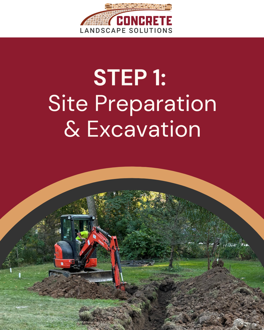 Concrete site preparation photo showing excavation work as the first step in preparing a stable base for a new concrete installation.