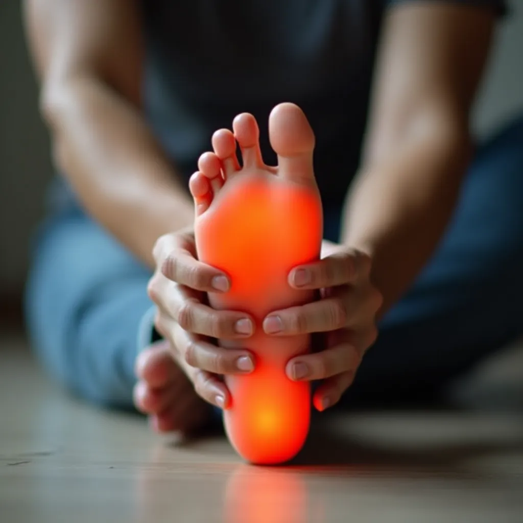 A person is sitting on the floor, holding their bare foot. The sole of the foot is illuminated with a red-orange glow, suggesting pain or inflammation. The person is wearing blue jeans and a dark shirt. The background is softly blurred, focusing attention on the foot.