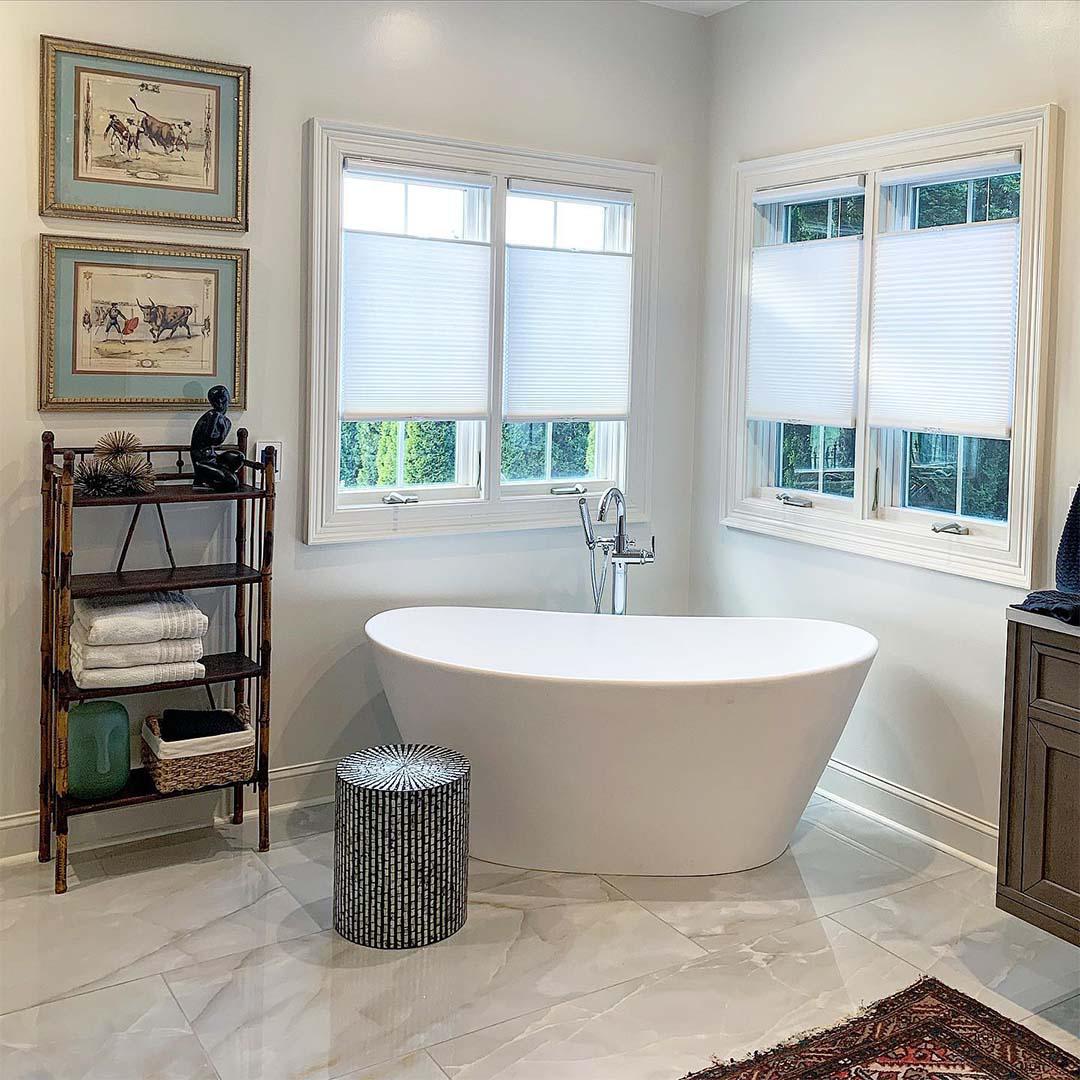 Budget Blinds of North & West Vancouver in North Vancouver: Bottom Up Top Down Cellular shades are great for your bathroom, offering privacy while letting in light