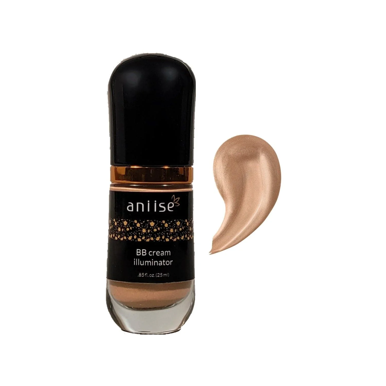 A product shot of a bottle of Aniise BB cream illuminator, with a swatch of the product next to it.