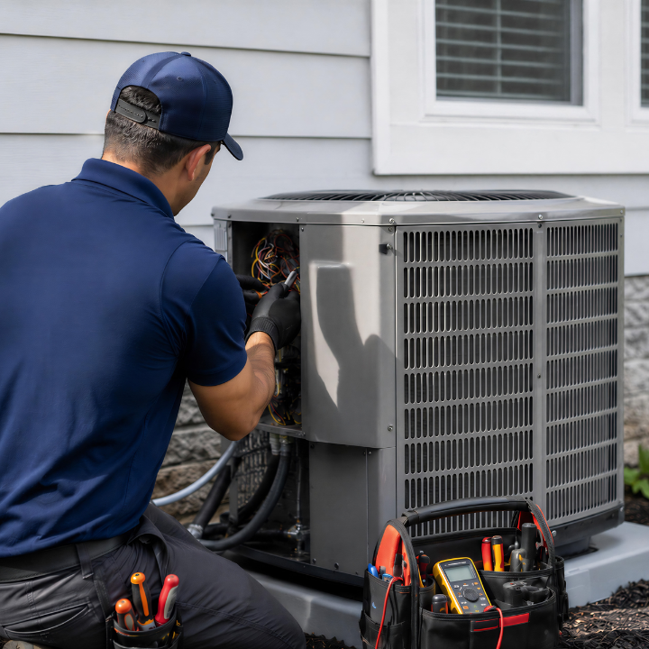 An HVAC technician diagnoses and repairs a central air conditioning condenser at a home in Norwalk,  