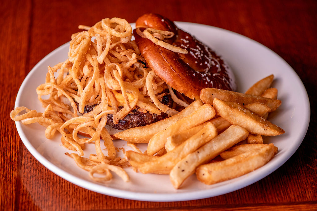 Belhaven beer cheese, Tabasco onion straws, pretzel bun
