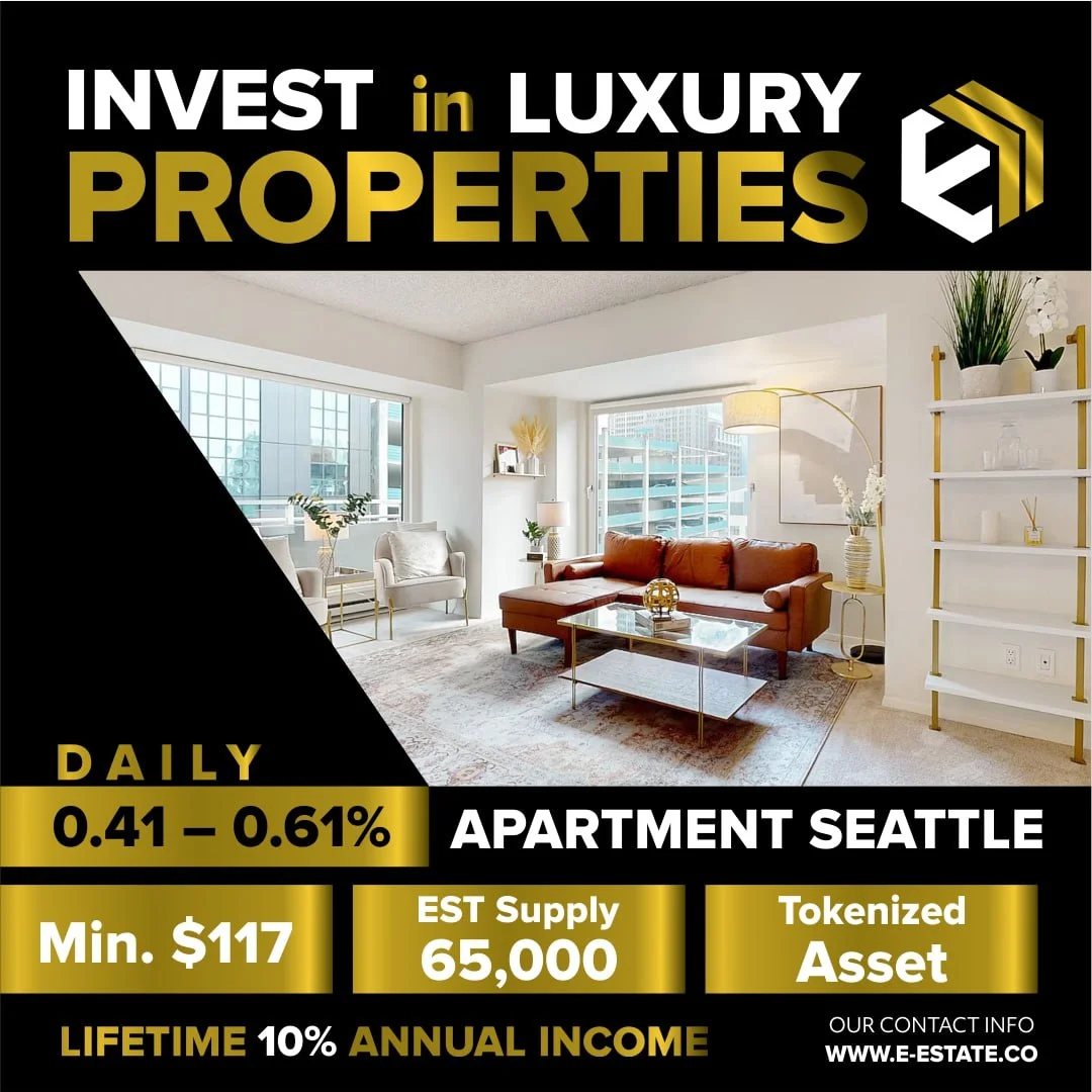 A promotional graphic advertises investing in luxury properties, specifically apartments in Seattle. 