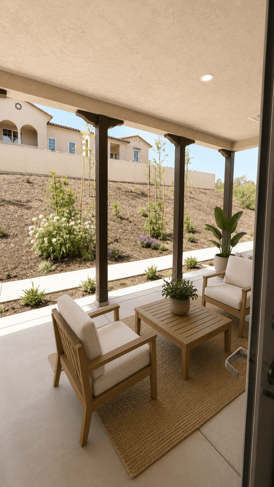 A patio with a table and chairs overlooking a garden.