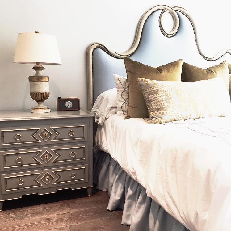 We have 10 styles of custom headboards- you choose the fabric, we make it beautiful! This Bessette headboard in a soft light blue looks so stunning in our clients bedroom.