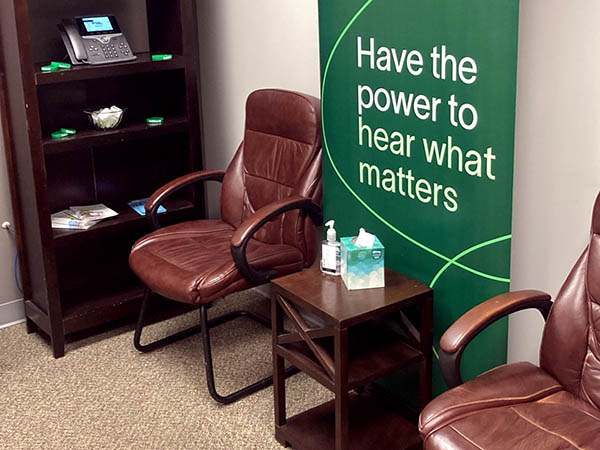 Interior photo of the waiting area for AudioNova hearing clinic in Anderson, IN