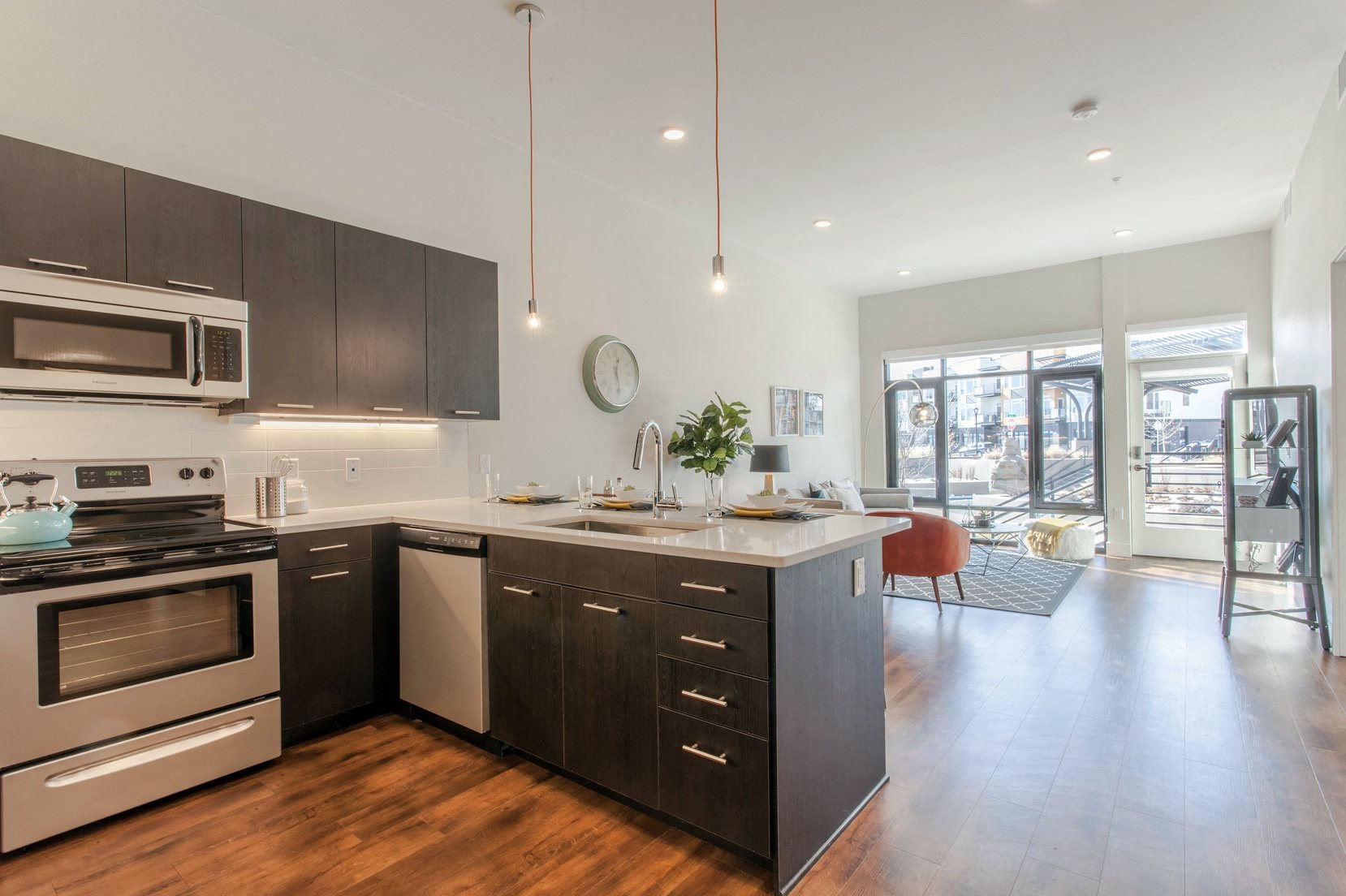 Living room and kitchen with wood flooring