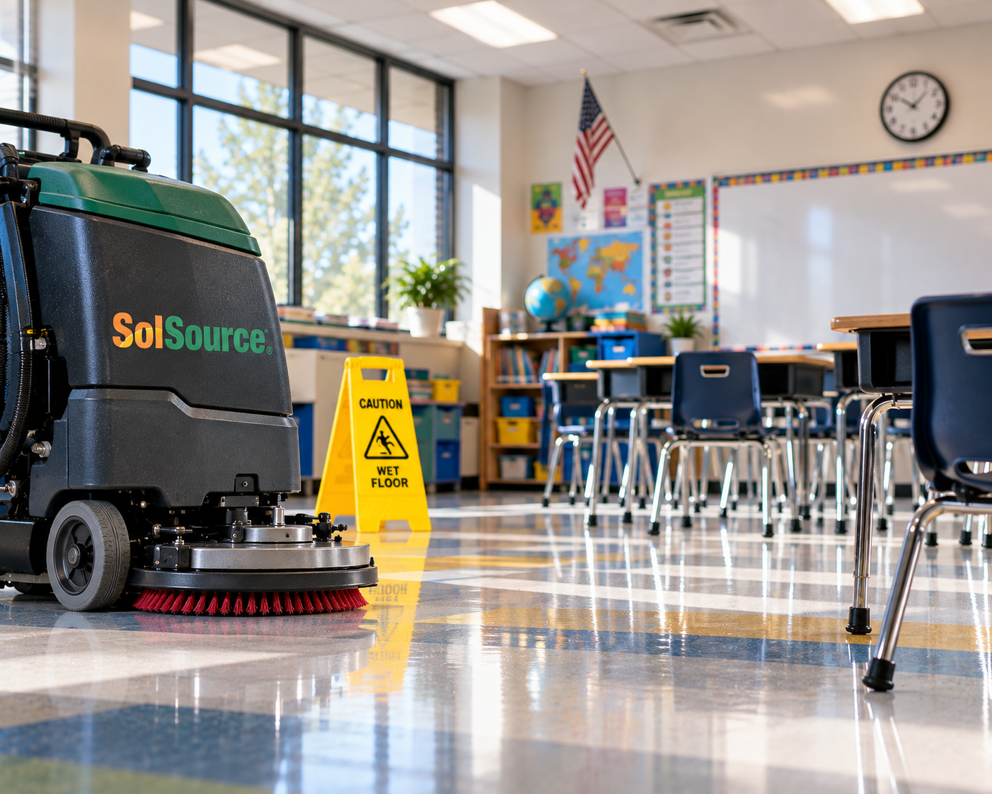 Commercial floor-cleaning equipment inside a Phoenix-area classroom, illustrating professional school cleaning and hard-floor maintenance.