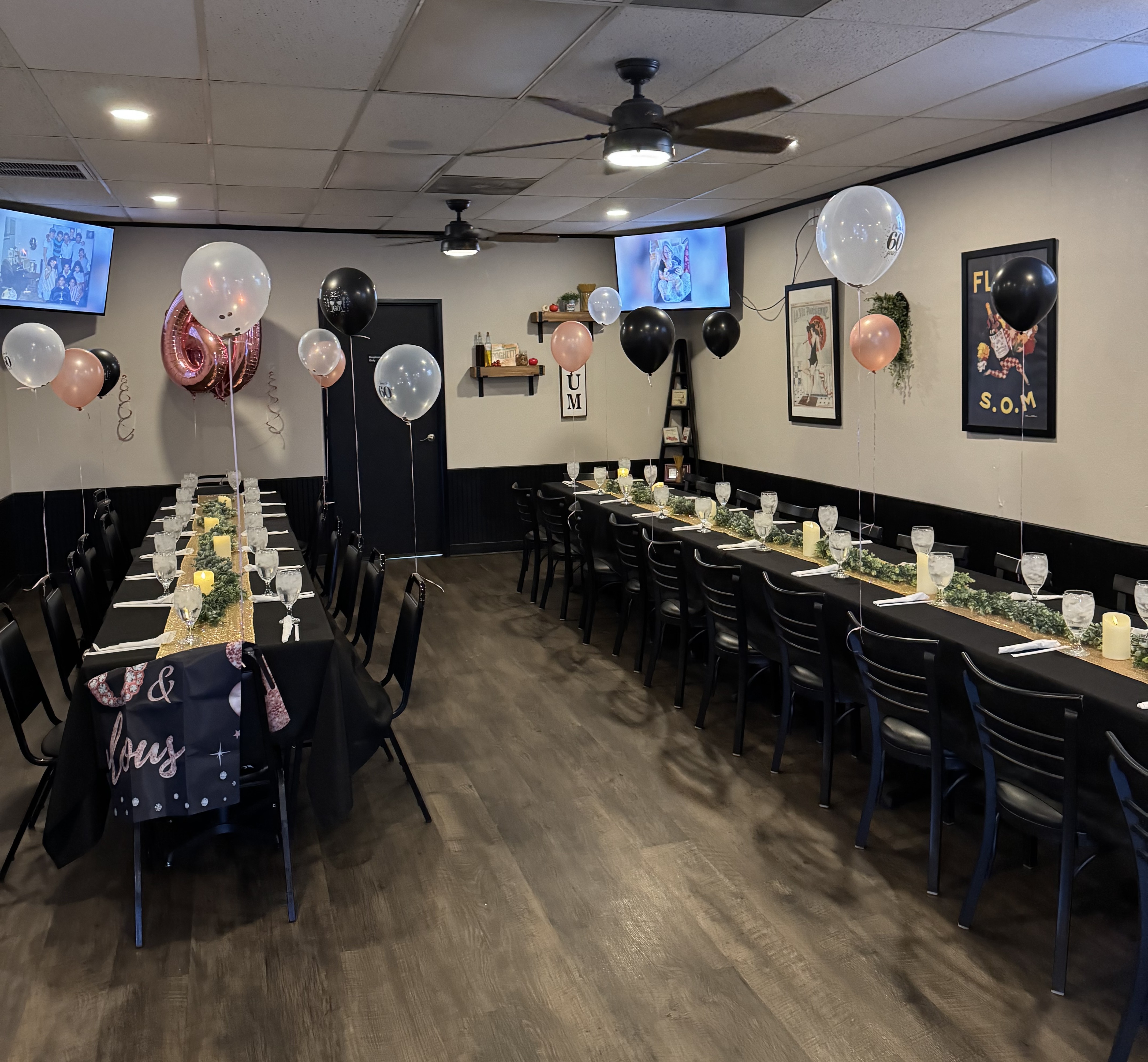 The perfect private dining space at Floridino's in Chandler to host a birthday party for any age. Set up perfect and elegantly waiting for guests to arrive and enjoy some delicious Italian comfort food.