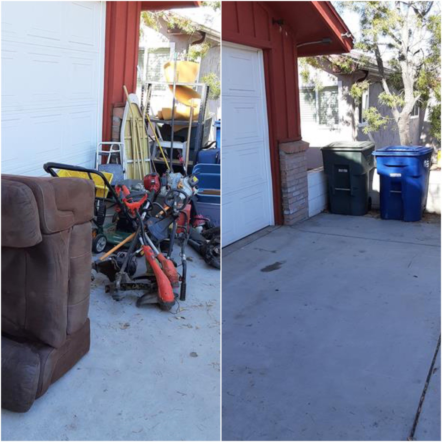Before and after photo from a driveway junk removal job. The customer had miscellaneous items including metal, furniture, old storage bins, etc. and Junk King San Diego was able to haul everything away. We are providing touchless pick ups for COVID.