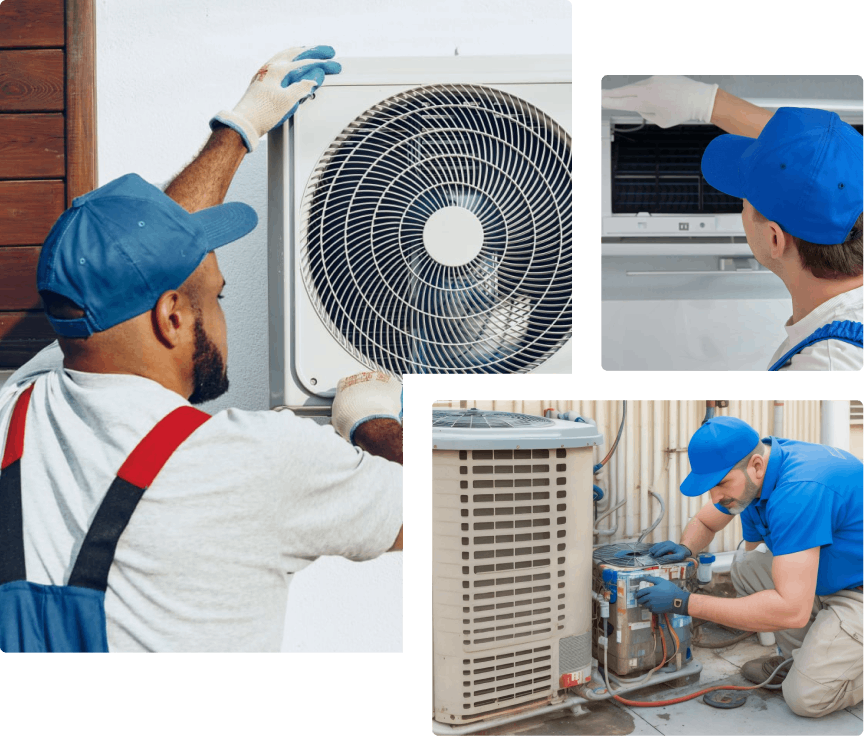 Three different scenes of HVAC technicians working on air conditioning units. In the largest image, a technician in blue overalls and a blue cap installs an outdoor AC unit on a white wall. In the upper right inset, a technician in a blue cap and white gloves works on an indoor AC unit. In the bottom right inset, a technician in a blue cap and blue shirt kneels and works on the electrical components of an outdoor AC unit.