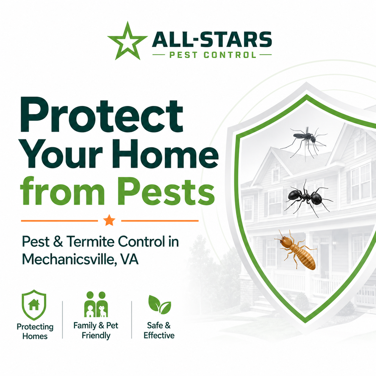 Schedule your service today and take the next step toward a pest-free home.
Call All-Stars Pest Control to learn more about residential pest and termite control in Mechanicsville, VA.
