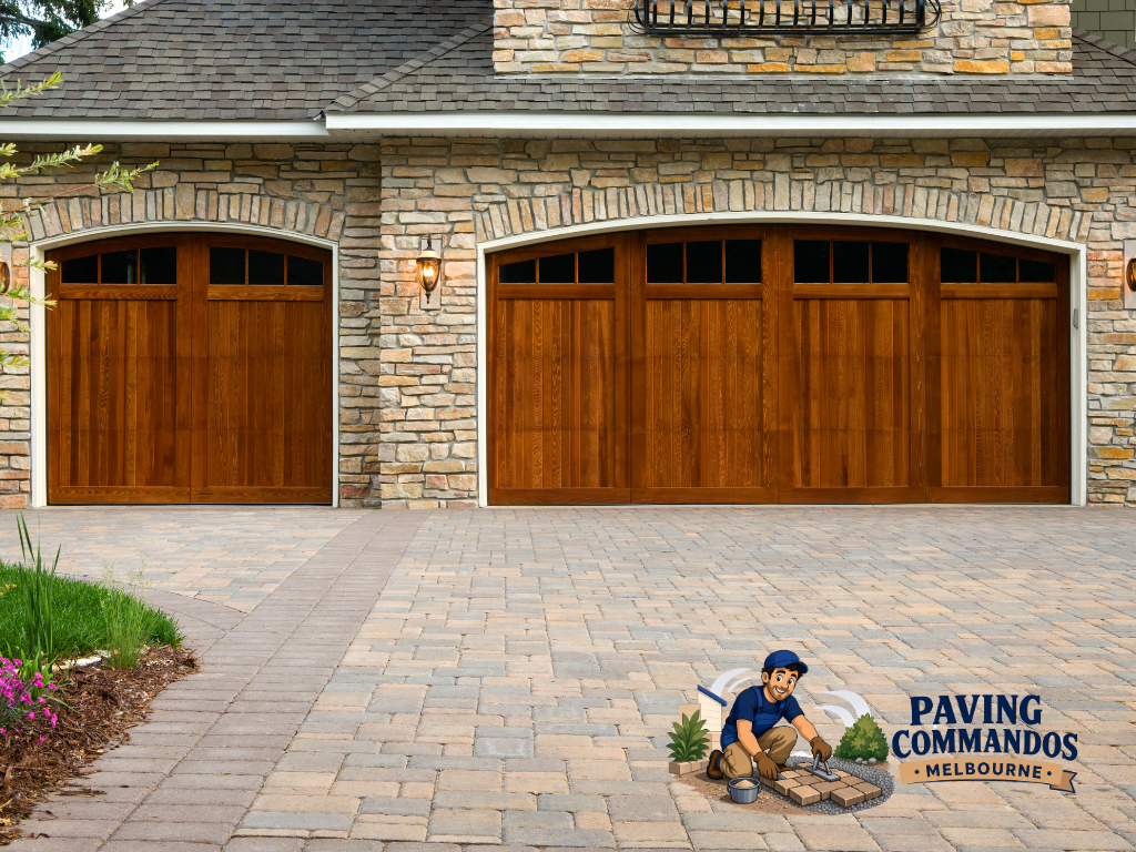 Residential driveway paved with interlocking pavers, complemented by a stone-faced garage and landscaped surroundings.