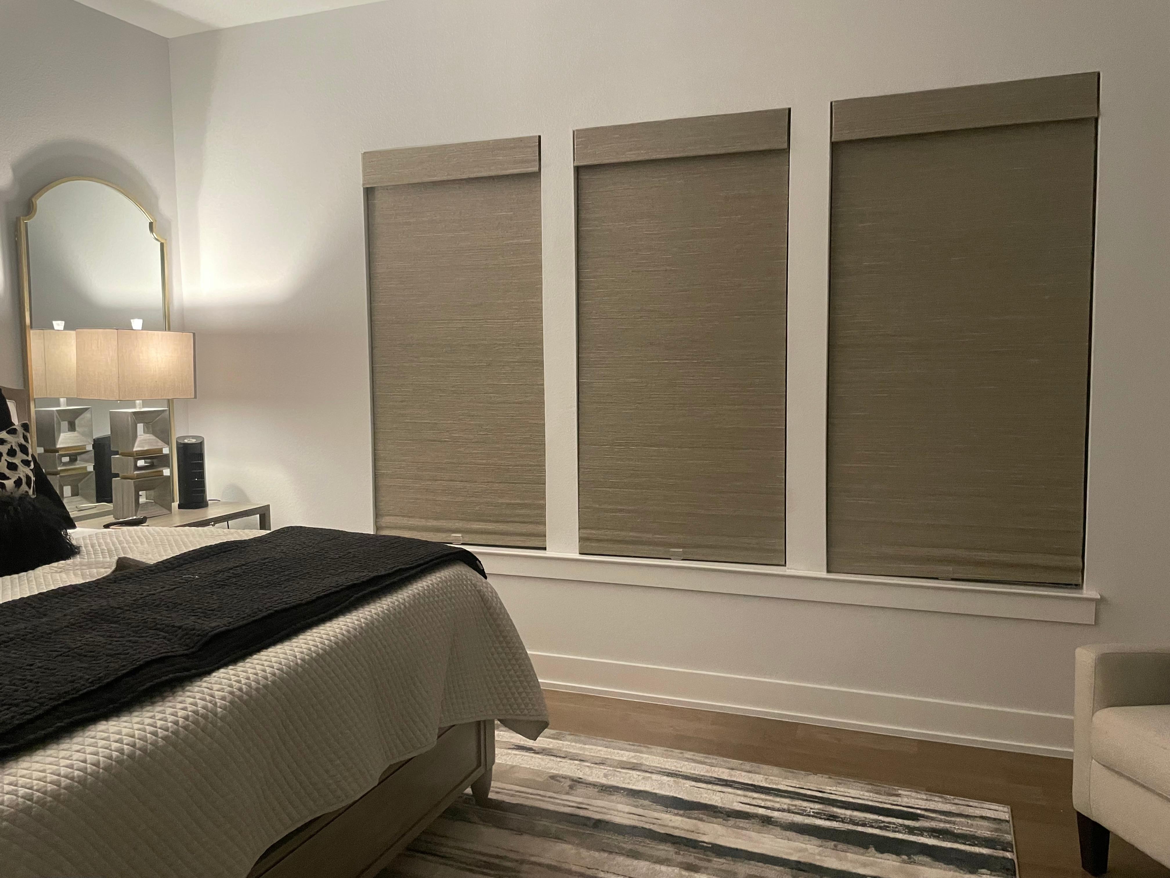 These Automated Woven Wood Shades with blackout liner in our client’s master bedroom are Alexa controlled and offer optimal light blockage. We can install woven wood shades for your home in Fate, TX too.