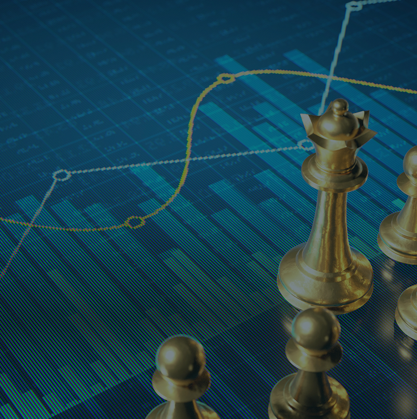 Pièces d'échecs sur des graphiques financiers.