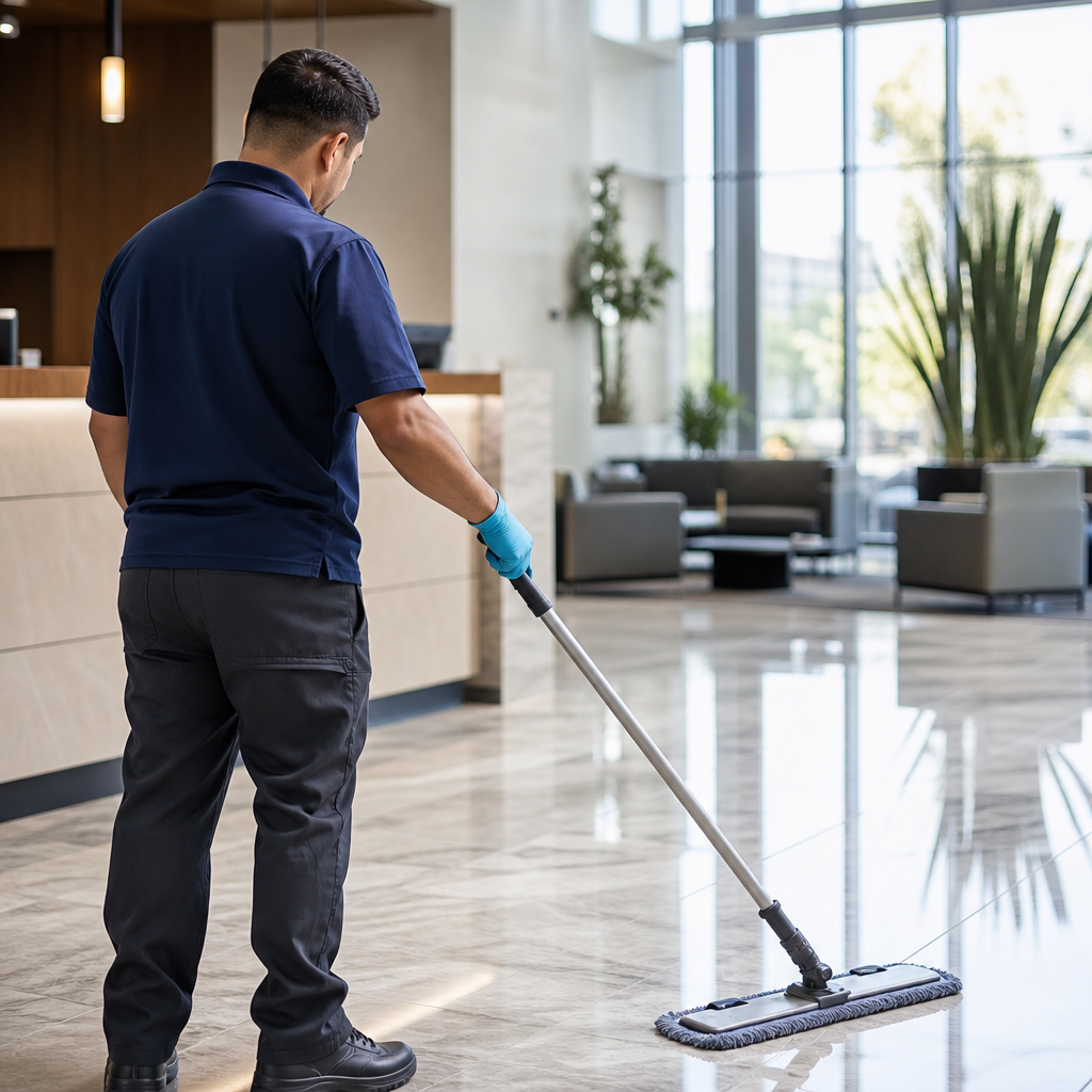 Team member damp-mopping a marble lobby floor as part of daily hard-surface floor maintenance and po 