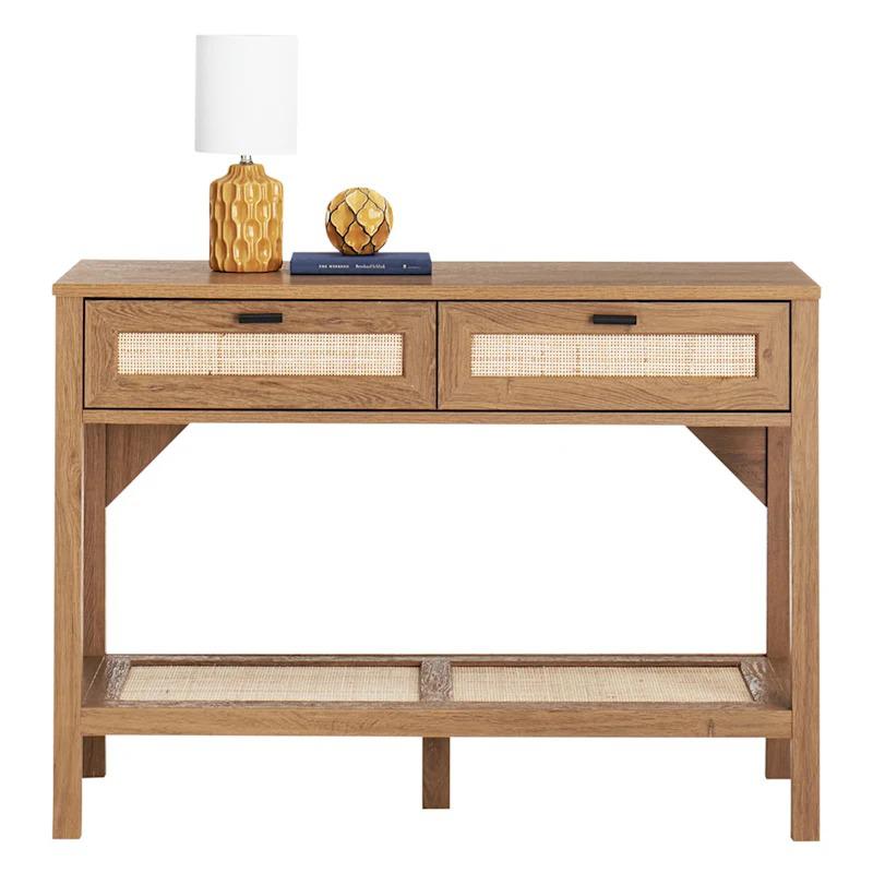 A sleek and stylish console table from the Honeybloom Hazel series, featuring clean lines and a warm wood finish, perfect for entryways or living rooms.