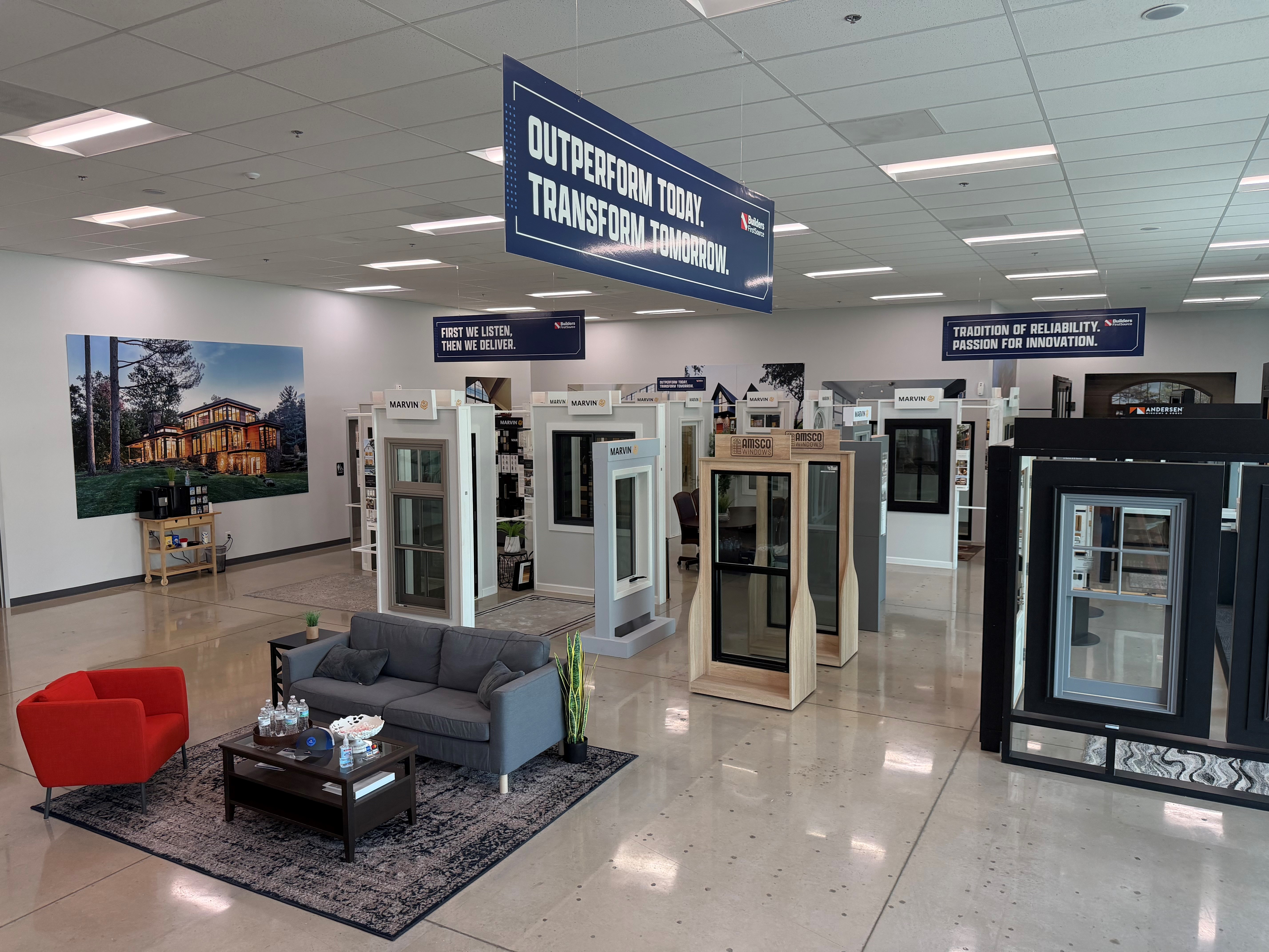 Wide interior view of the Builders FirstSource Premium Window Showroom featuring multiple Marvin, An 