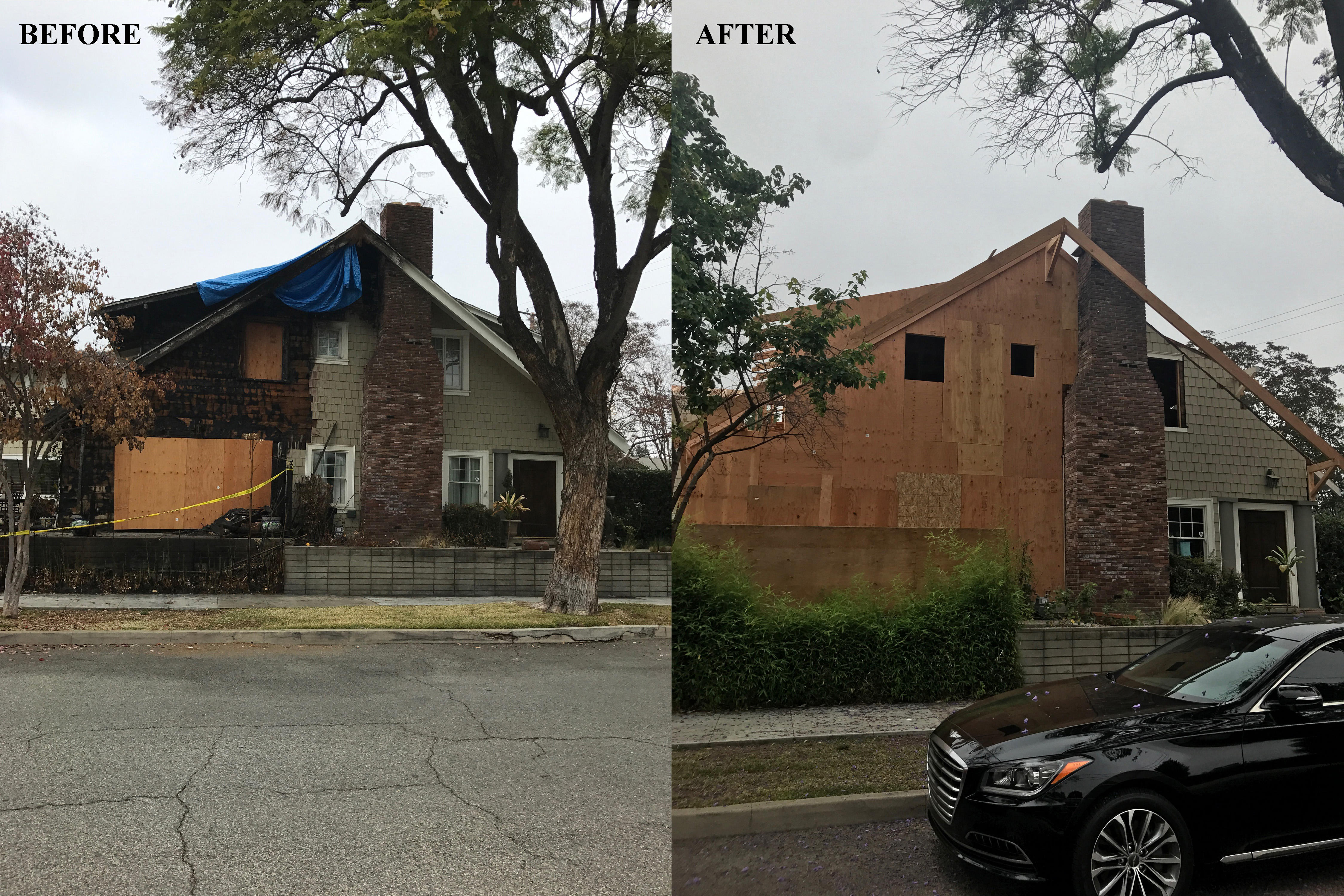 Before and After photo of a home in Canoga Park affected by a large fire. The After photo shows the home partially reconstructed after the fire damage.