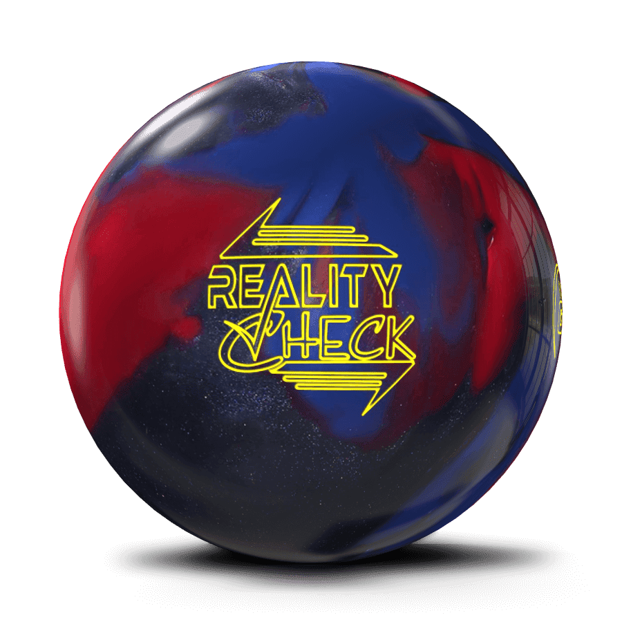 A "Reality Check" bowling ball with a swirling pattern of red, blue, and dark grey, set against a white background with a subtle shadow. The ball features a bright yellow outline logo with the text "REALITY CHECK" and stylized arrows.