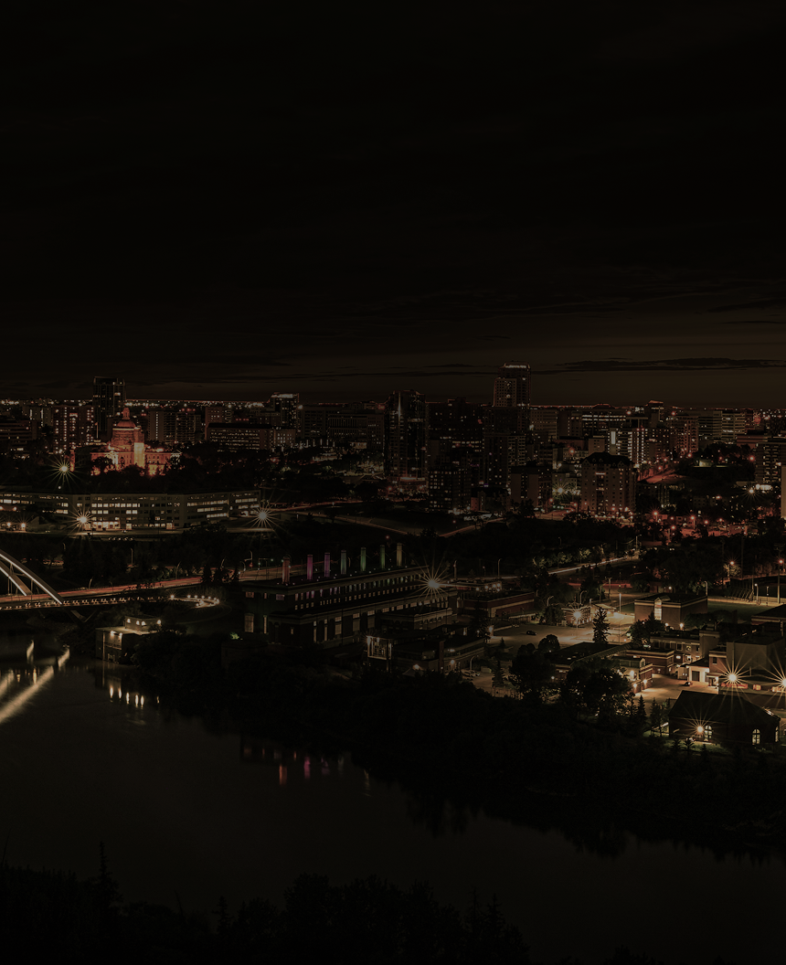 Aerial panoramic view of Edmonton at night.