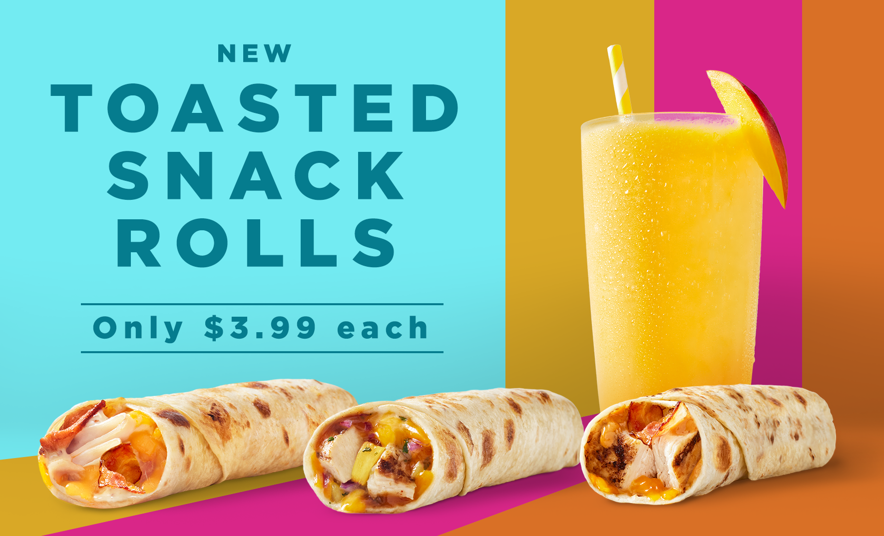 Toasted Snack Rolls in Hawaiian Heat, Bacon Chipotle Chicken & Turkey Bacon Dijon flavors next to smoothie – easy lunch wraps, chicken roll ups, turkey roll ups, wraps to go.