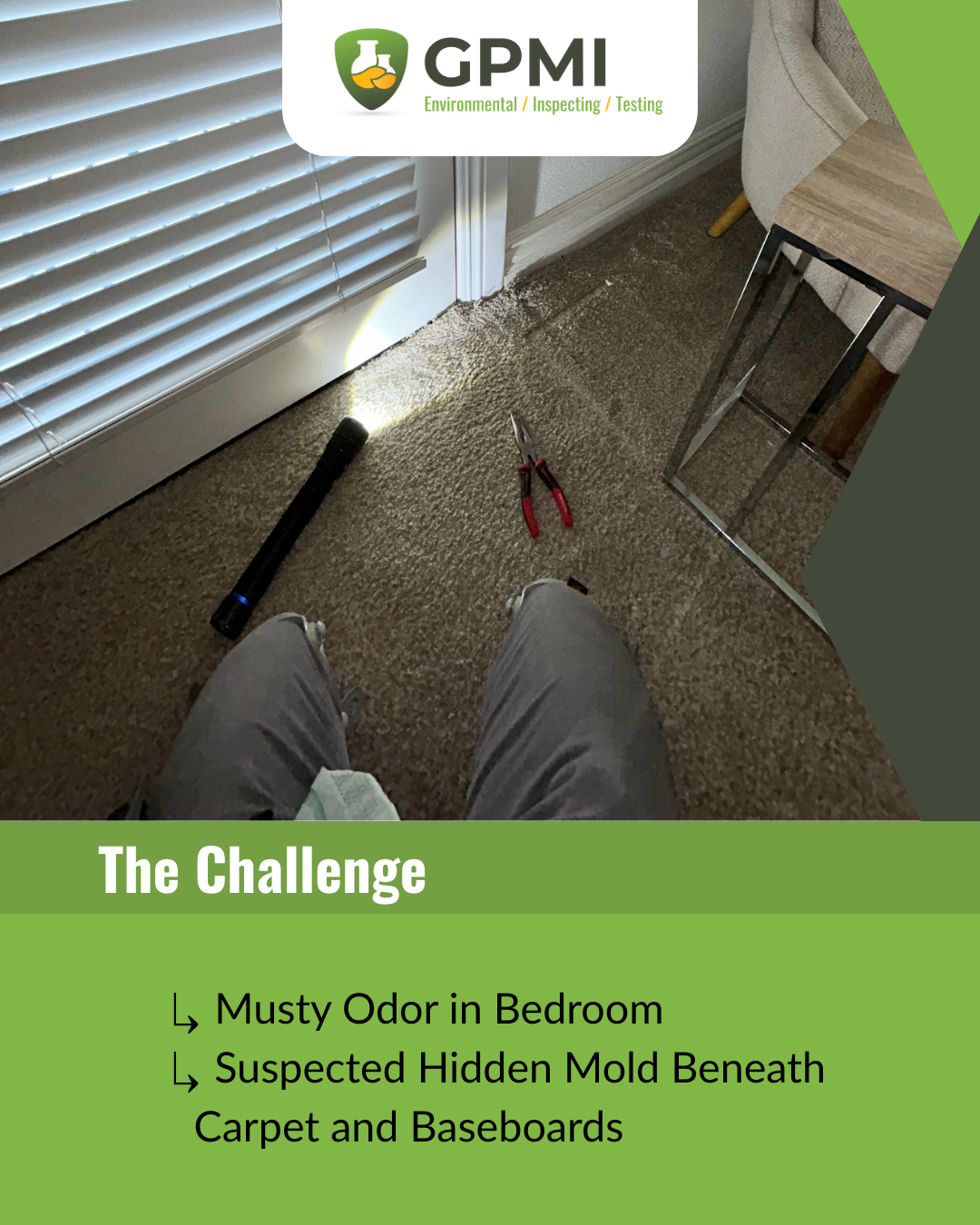 Moisture intrusion inspection photo showing a probe and moisture meter being used near flooring and wall materials.