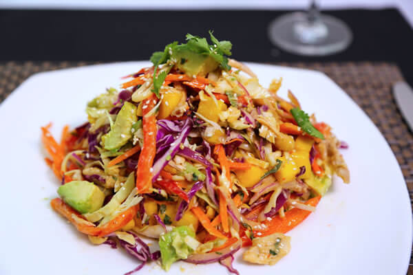 Spicy Thai Noodle Salad
Asian vegetables, mango, avocado, cilantro, mint, and linguini are perfectly blended in Chef Otter’s homemade Thai peanut vinaigrette. Our savory free range rotisserie chicken is added to the mix for a full spectrum of sweet, sour, salty, and spicy flavors that will leave you feeling satisfied and content.